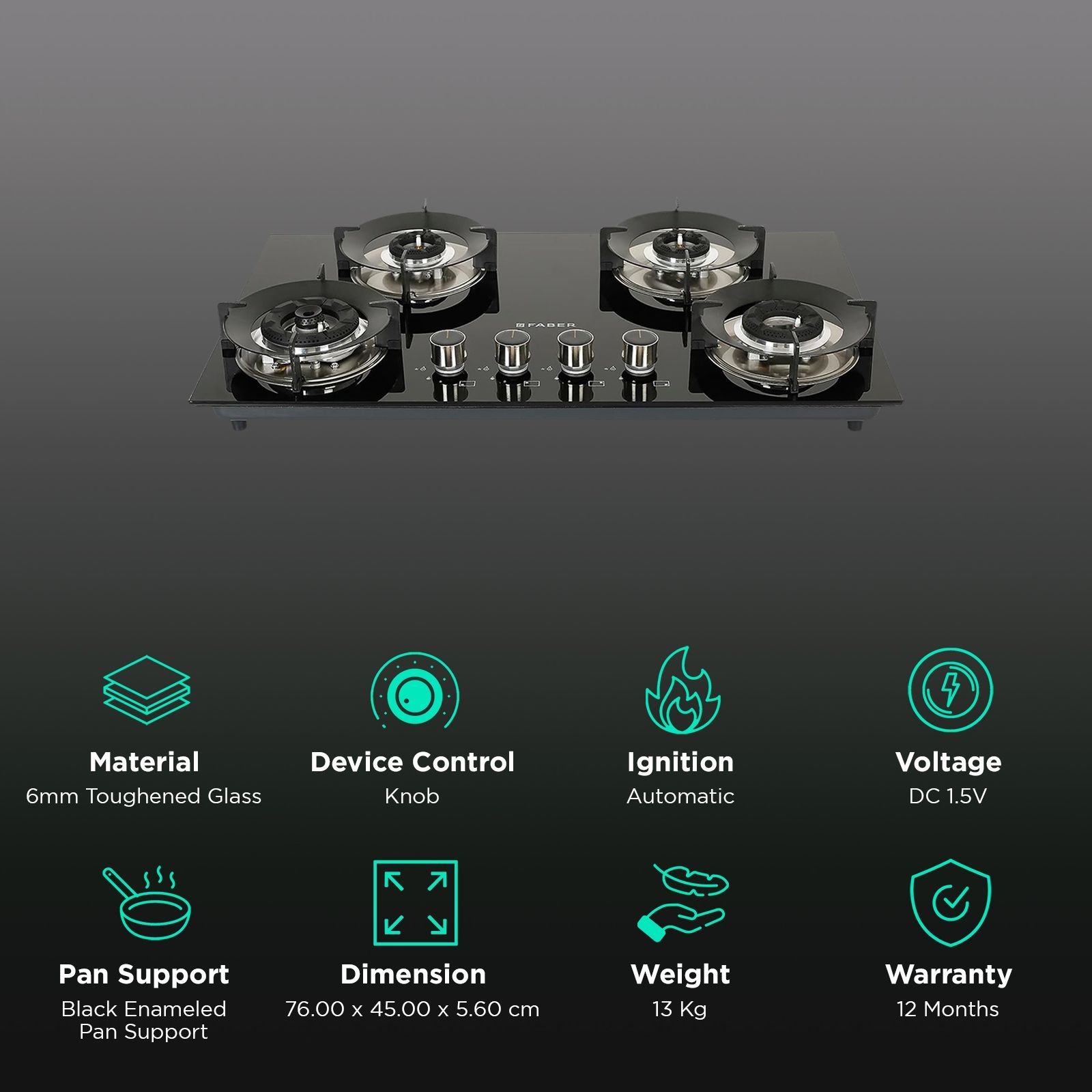 FABER Superia HT764 BR AI Toughened Glass Top 4 Burner Automatic Gas Hob (Battery Operated, Black)_3