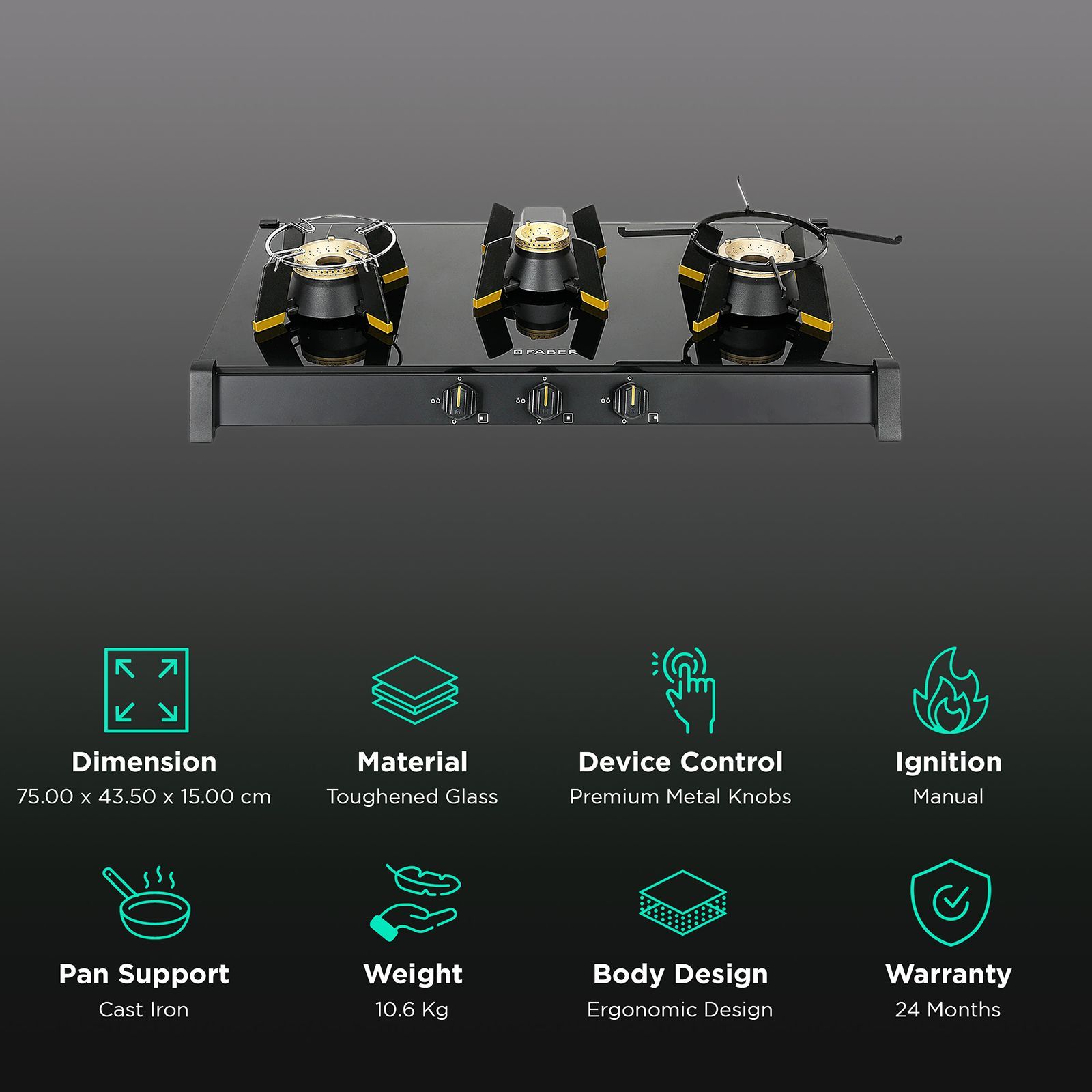 FABER GENIUS 753 Toughened Glass Top 3 Burner Manual Hob (Cast Iron Pan Support, Black)_3