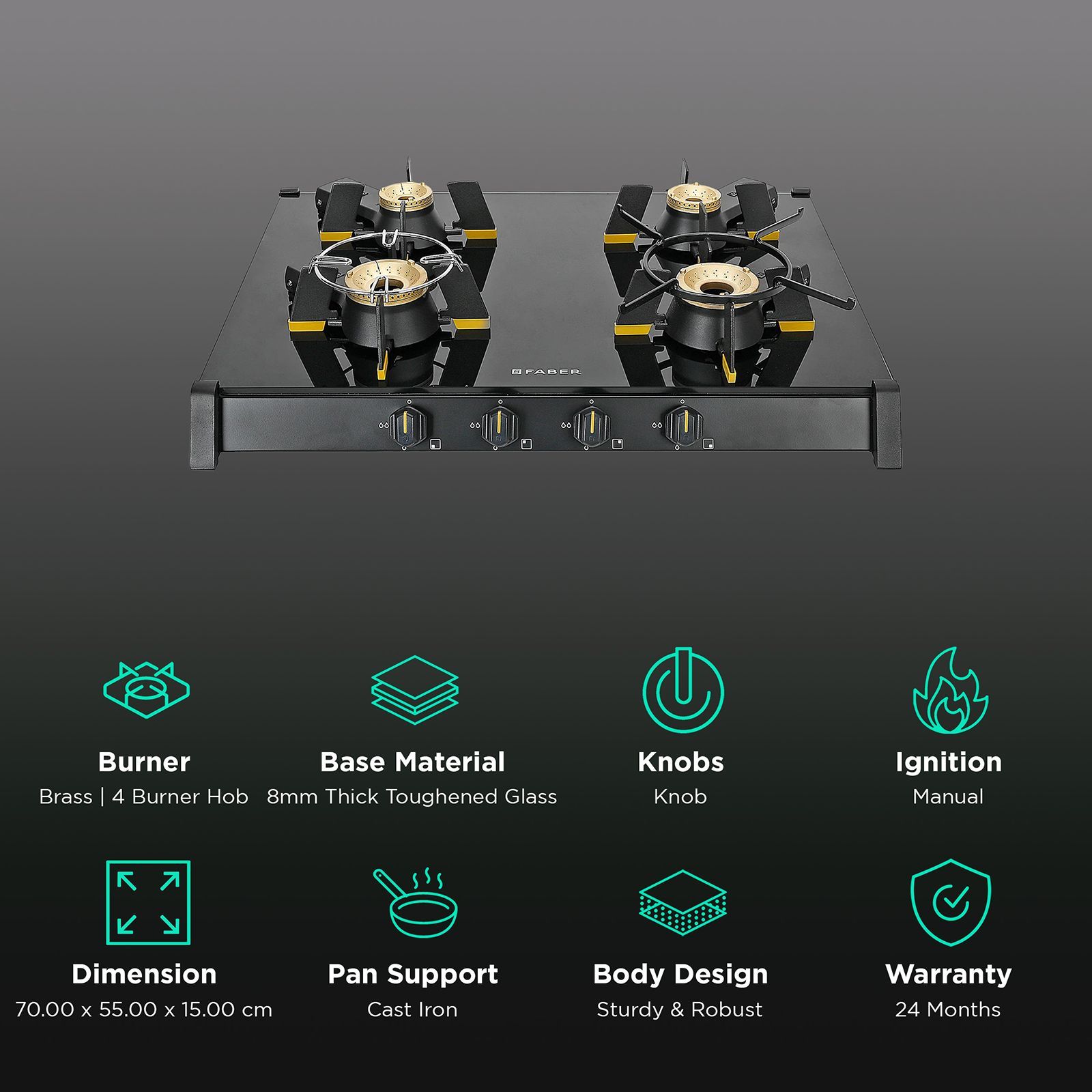 FABER GENIUS 704 BK Toughened Glass Top 4 Burner Manual Hob (Cast Iron Pan Support, Black)_3
