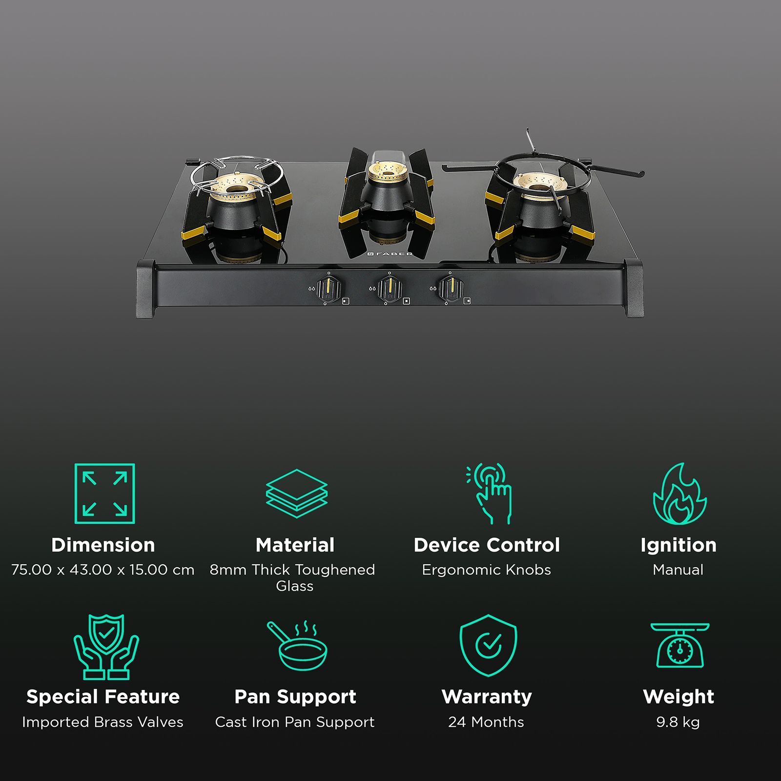 FABER GENIUS 753 AI Toughened Glass Top 3 Burner Manual Hob (Cast Iron Pan Support, Black)_3