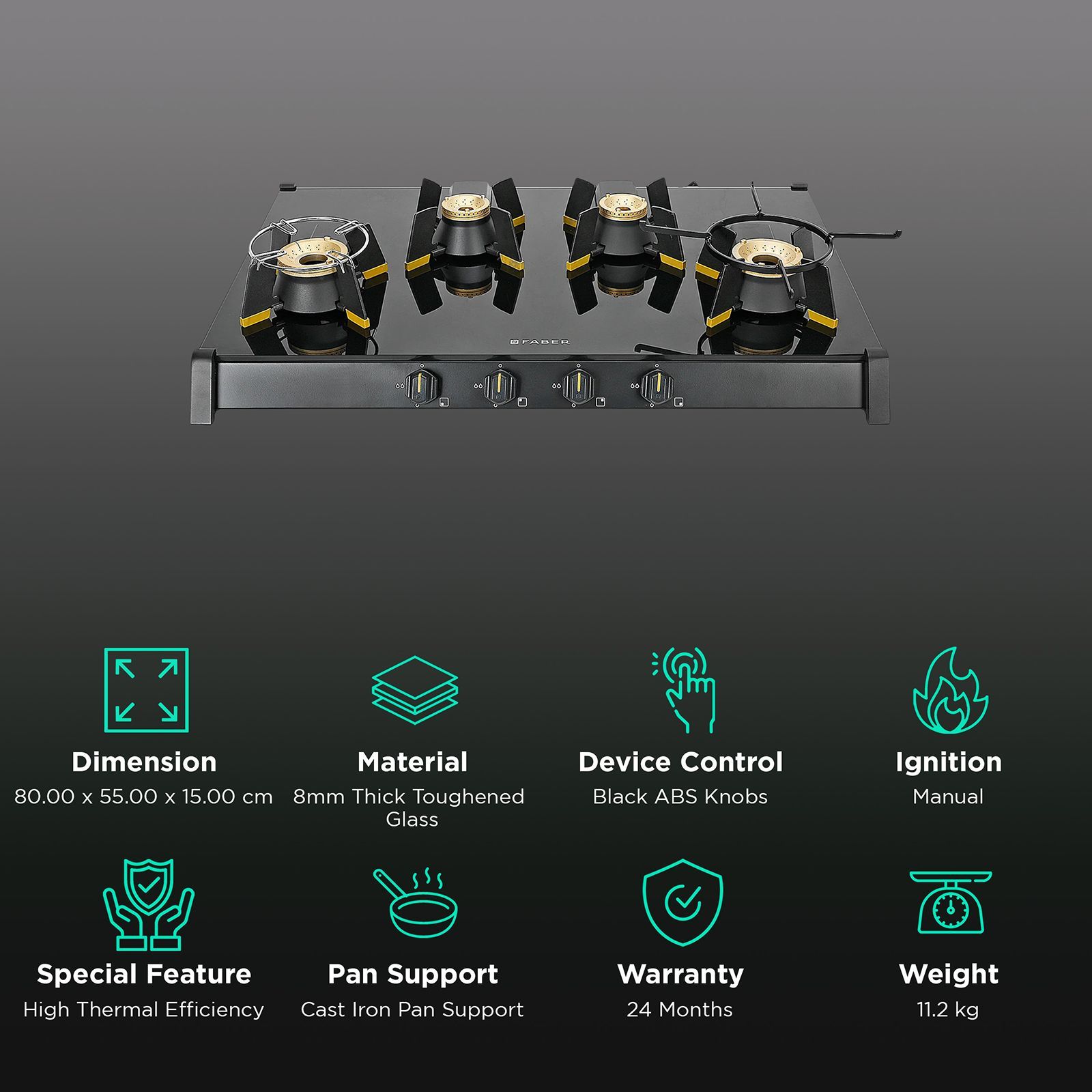 FABER GENIUS 804 AI Toughened Glass Top 4 Burner Manual Hob (Cast Iron Pan Support, Black)_3