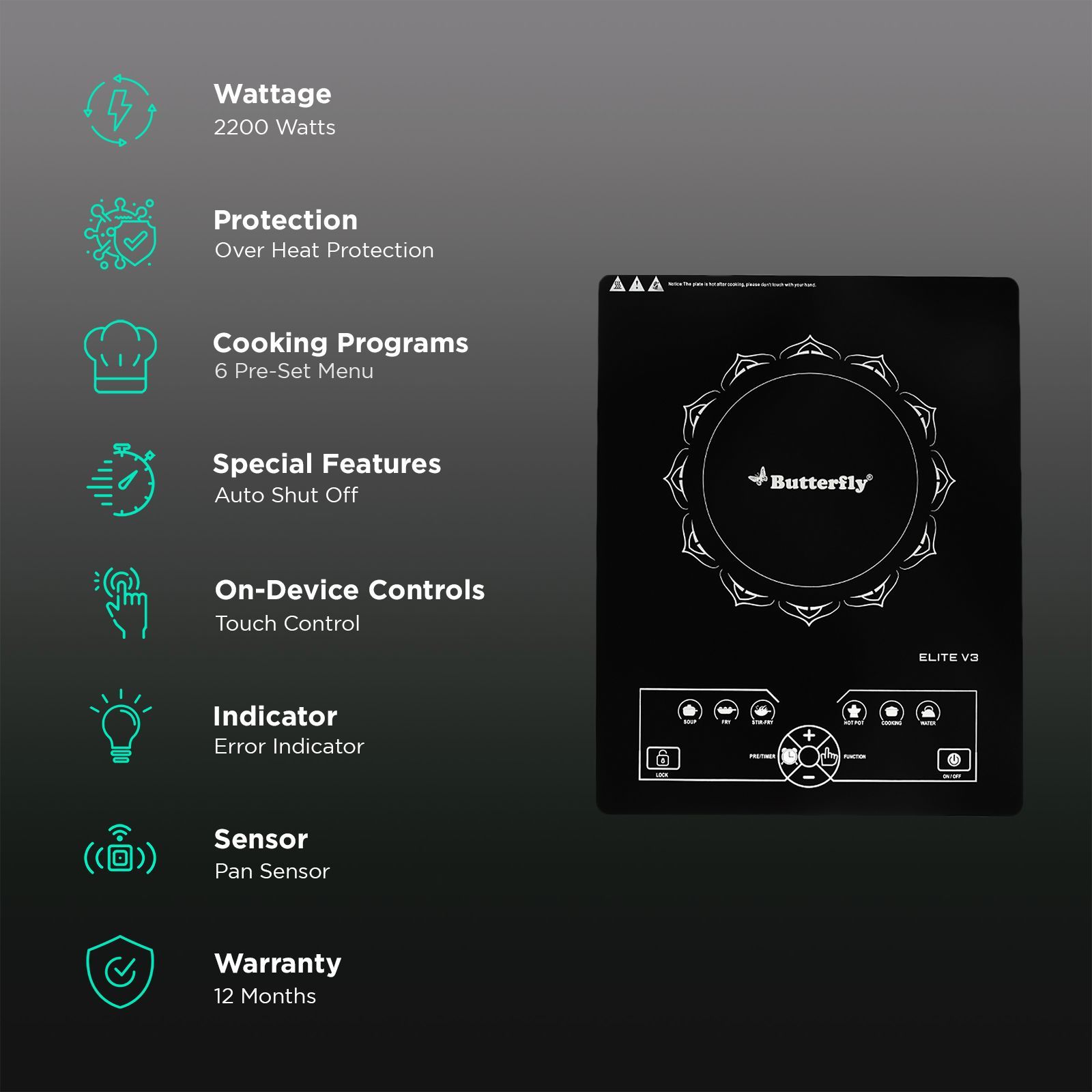 Butterfly Elite V3 2200W Single Induction Cooktop with 6 Cooking Menus_3