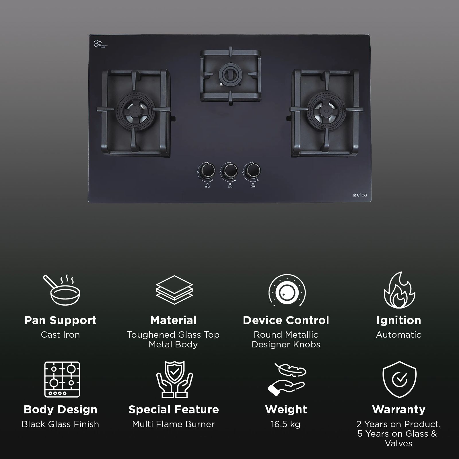 Elica FLEXI DFS PRO AB Toughened Glass Top 3 Burner Automatic Hob (Heavy Duty Burners, Black)_3