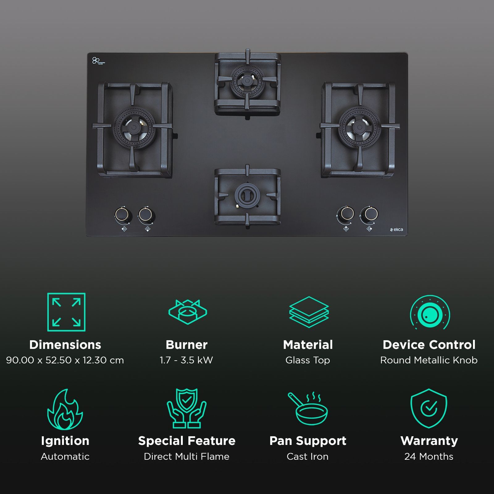 elica FLEXI DFS PRO AB 4B 91 DX Glass Top 4 Burner Automatic Hob (Cast Iron Pan Support, Black)_3