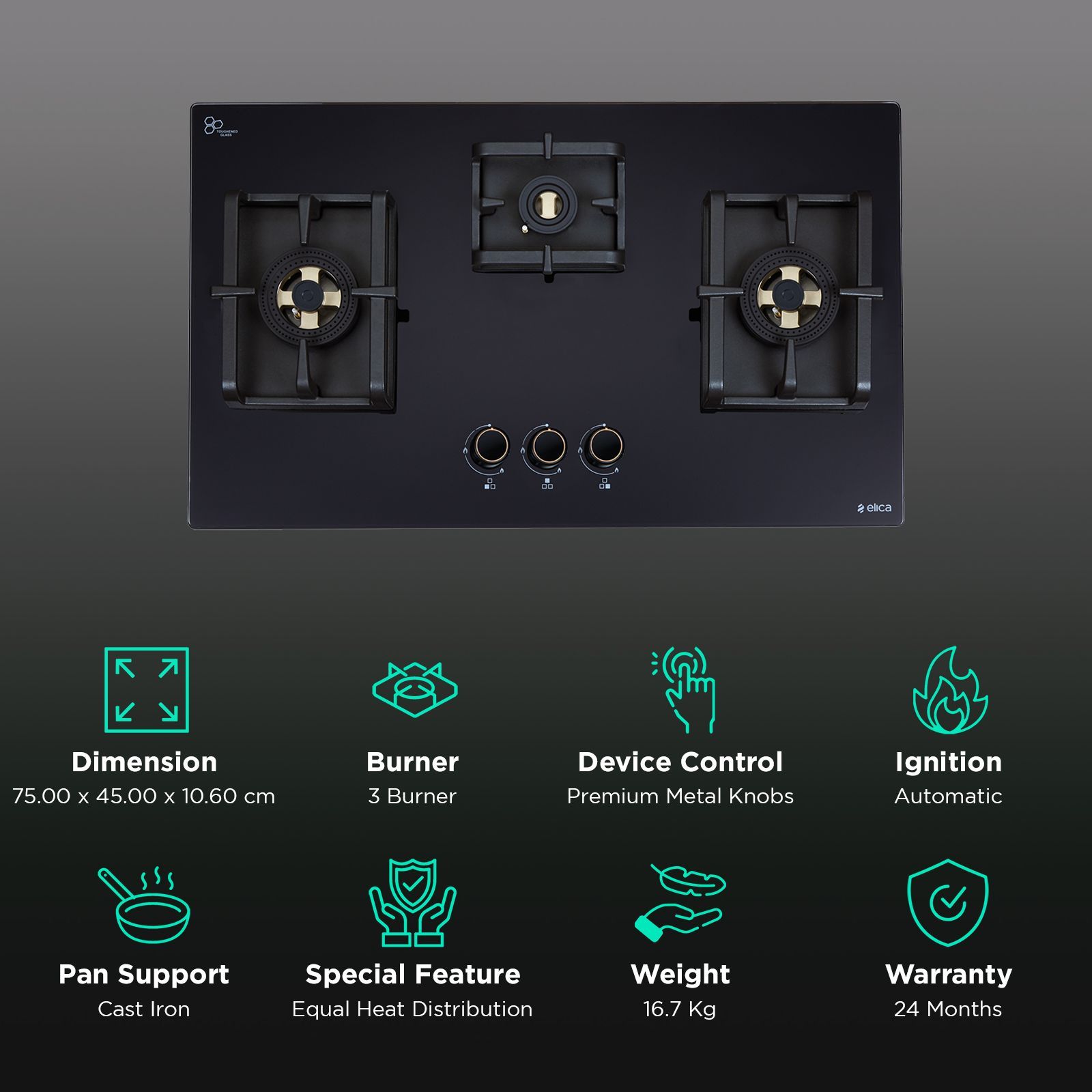 elica FLEXI DFS FB 3B 75 DX Glass Top 3 Burner Automatic Hob (Cast Iron Pan Support, Black)_3