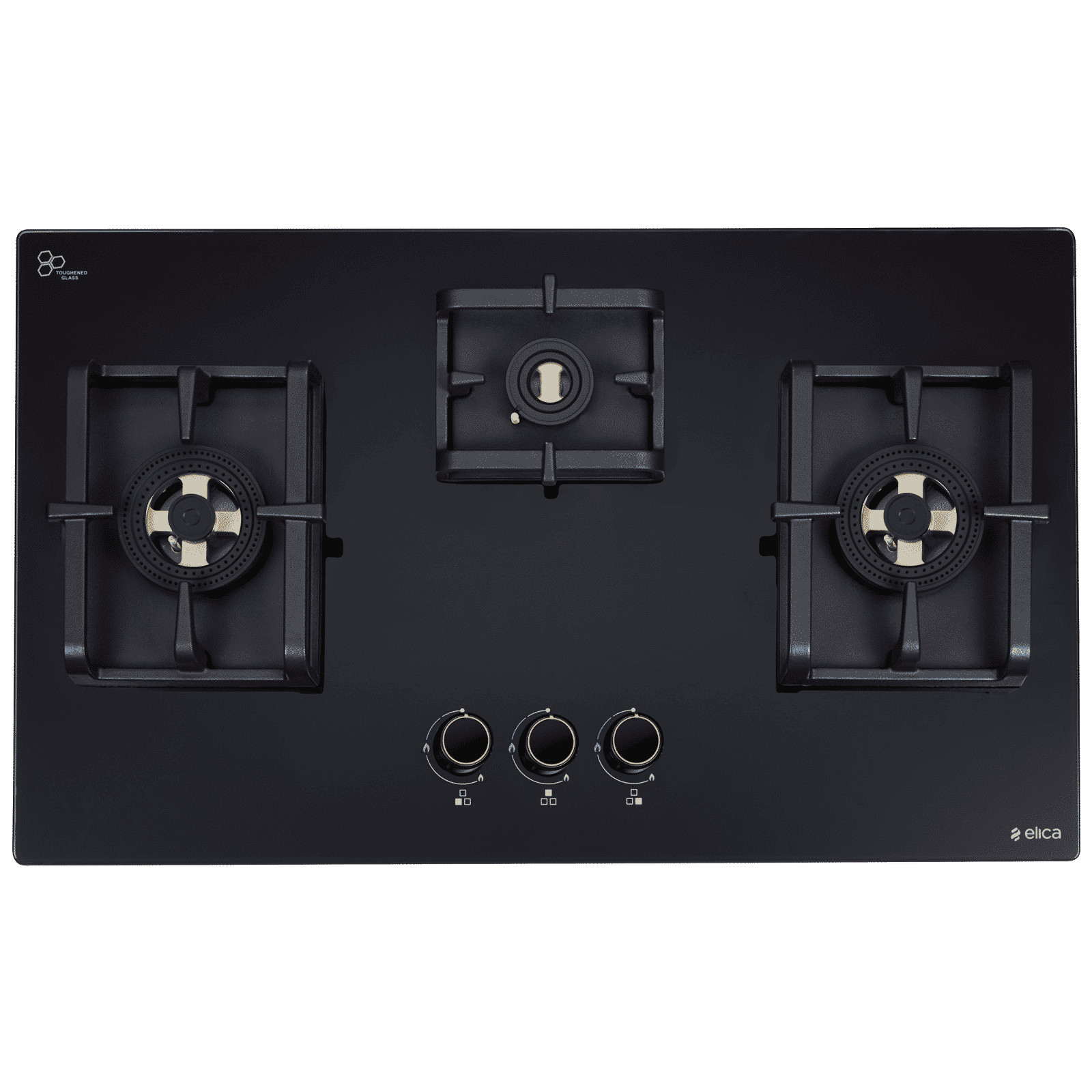 elica FLEXI DFS FB 3B 75 DX Glass Top 3 Burner Automatic Hob (Cast Iron Pan Support, Black)_1