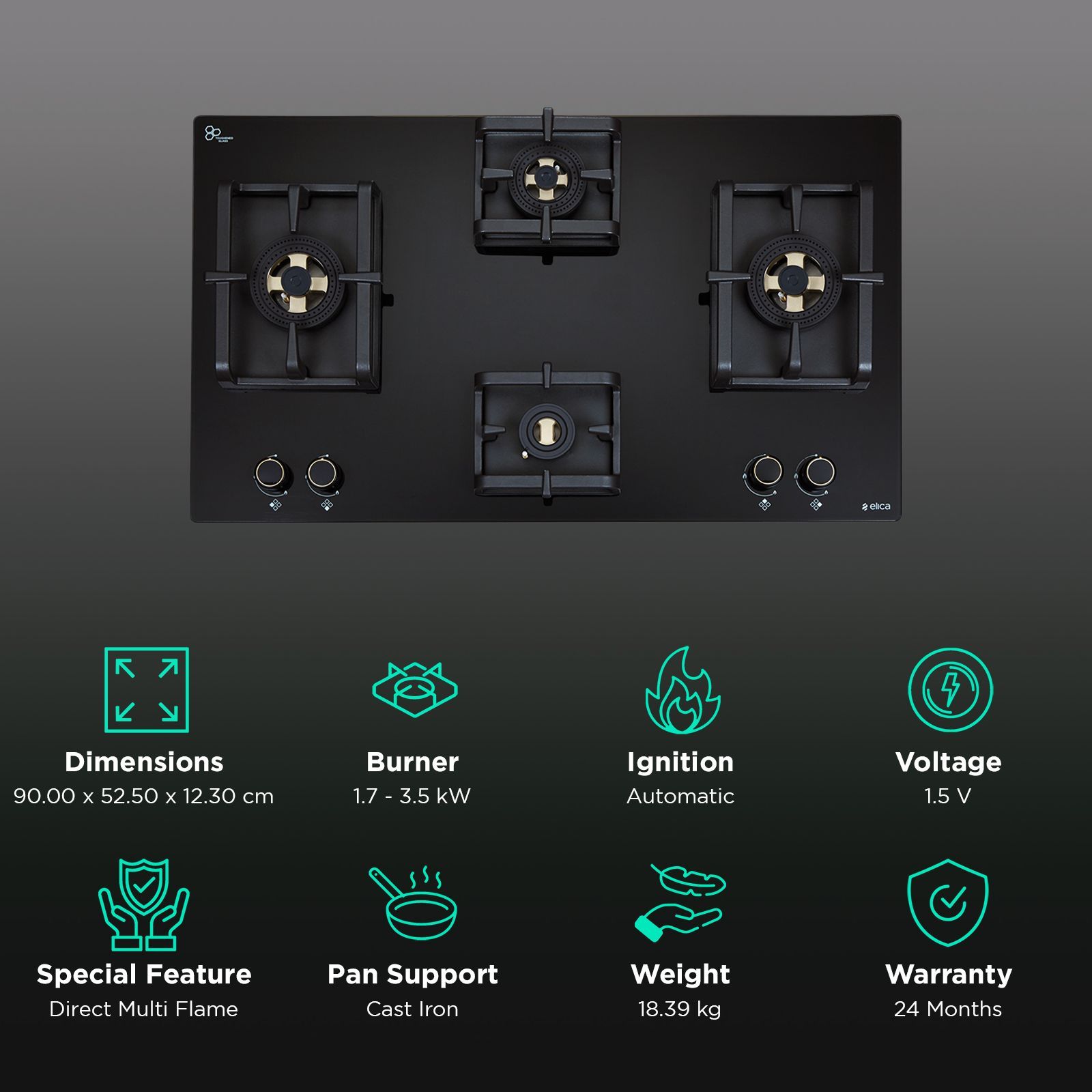 elica Flexi DFS Pro FB 4B 91 DX 4 Burner Automatic Hob (Cast Iron Pan Support, Black)_3