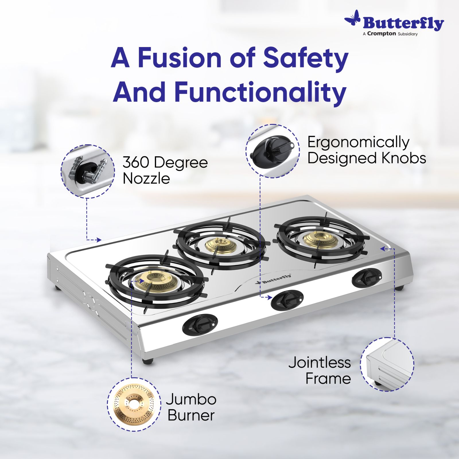 Butterfly Bolt Shakti 3 Burner Manual Gas Stove (High Thermal Efficiency, Silver)_3