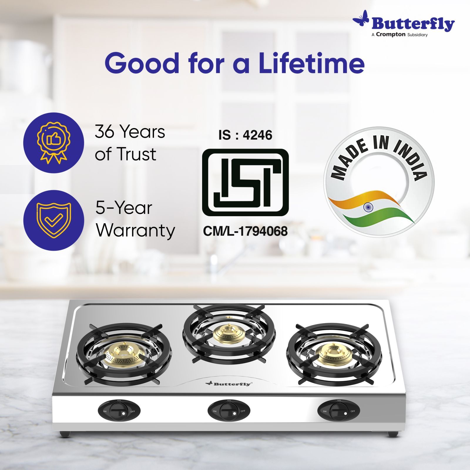 Butterfly Bolt Shakti 3 Burner Manual Gas Stove (High Thermal Efficiency, Silver)_6