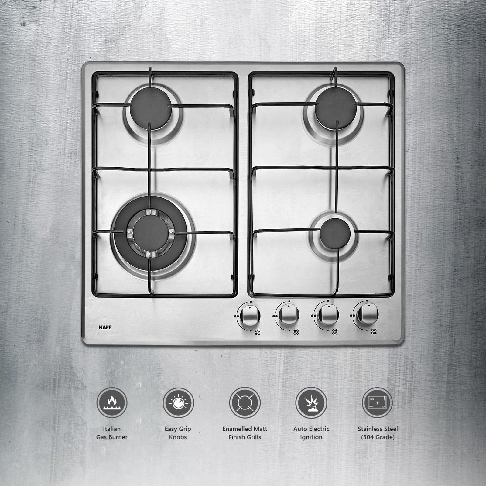 KAFF NE 4B 60 SS 4 Burner Automatic Hob (Matt Enameled Pan Support, Silver)_7