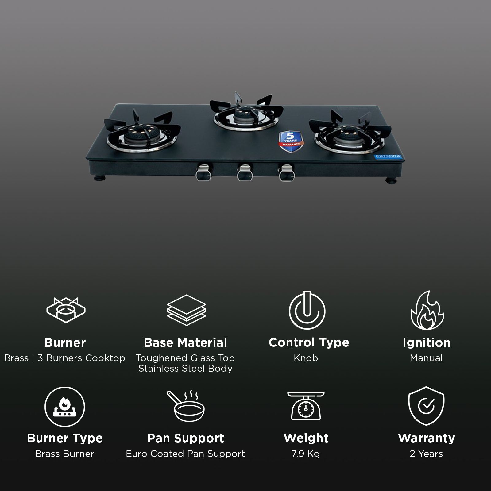 Kutchina SAPPHIRE 3B Toughened Glass Top 3 Burner Manual Gas Stove (Inner & Outer Locking, Black)_3