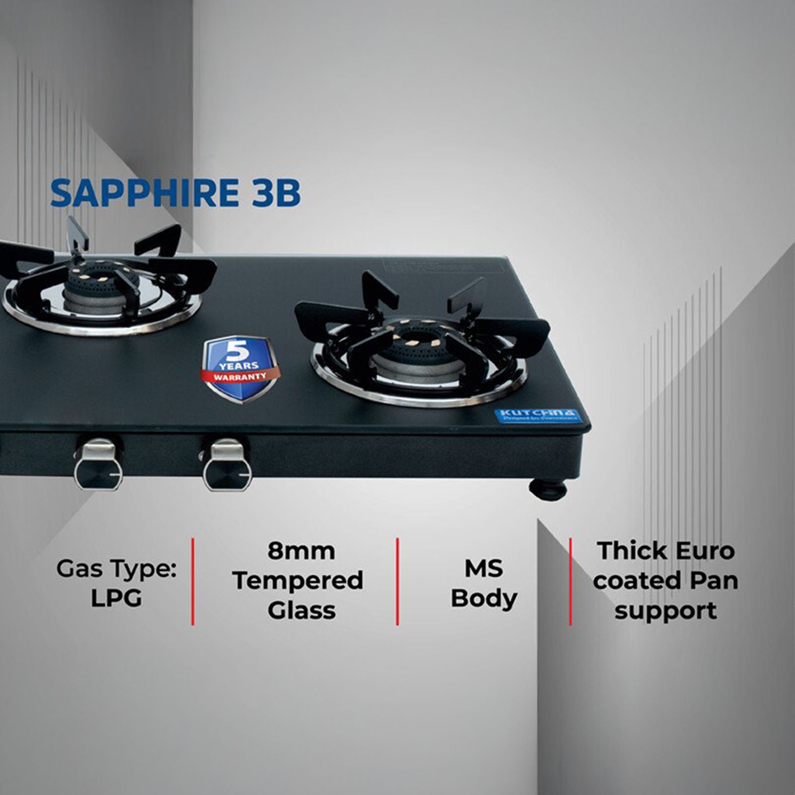 Kutchina SAPPHIRE 3B Toughened Glass Top 3 Burner Manual Gas Stove (Inner & Outer Locking, Black)_3