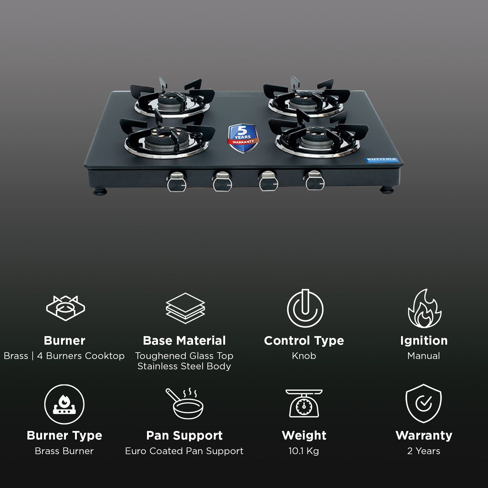 Kutchina SAPPHIRE 4B Toughened Glass Top 4 Burner Manual Gas Stove (Inner & Outer Locking, Black)_3
