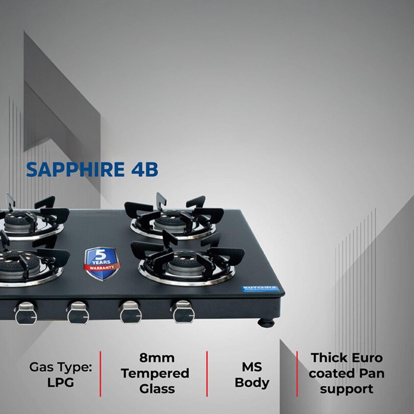 Kutchina SAPPHIRE 4B Toughened Glass Top 4 Burner Manual Gas Stove (Inner & Outer Locking, Black)_3