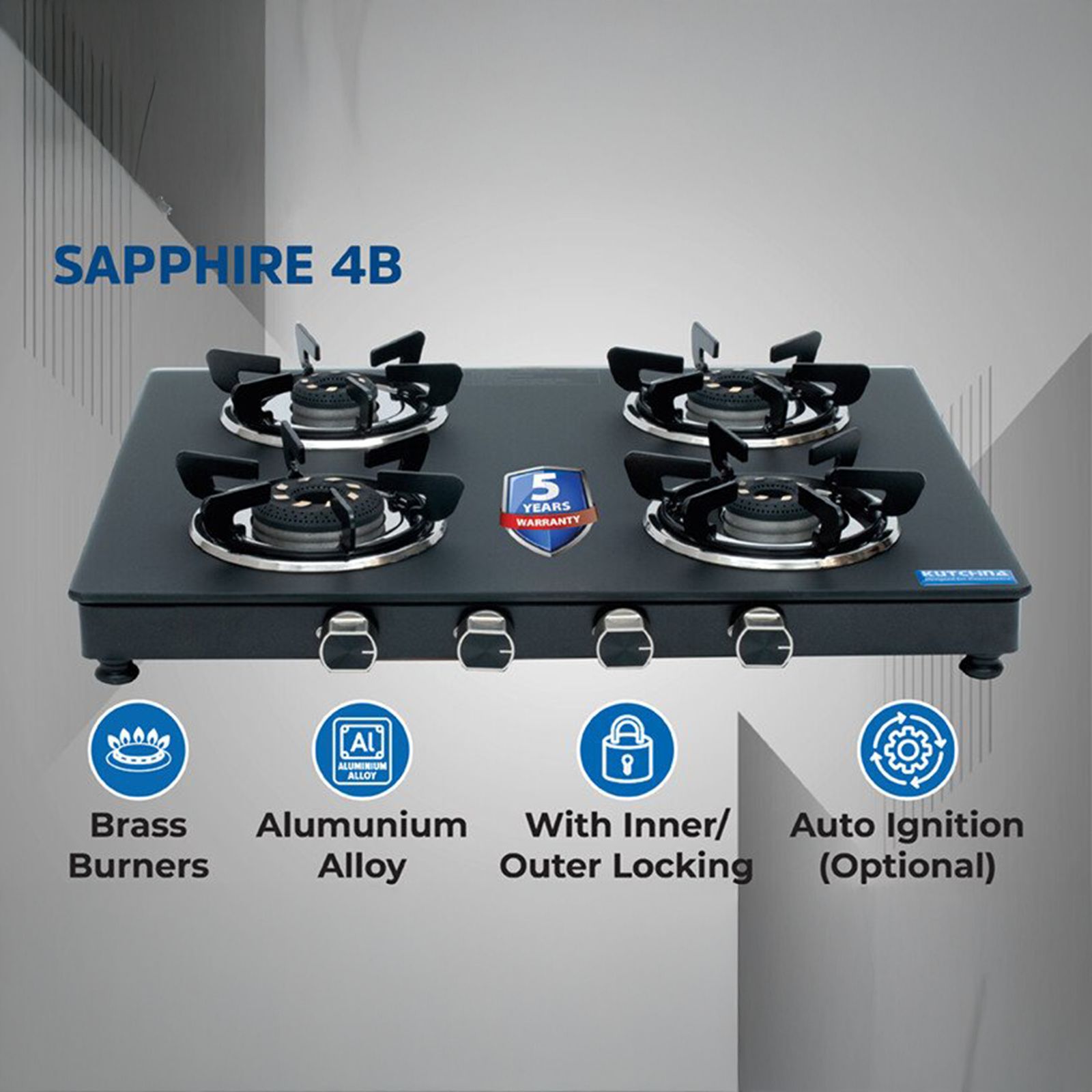 Kutchina SAPPHIRE 4B Toughened Glass Top 4 Burner Manual Gas Stove (Inner & Outer Locking, Black)_5