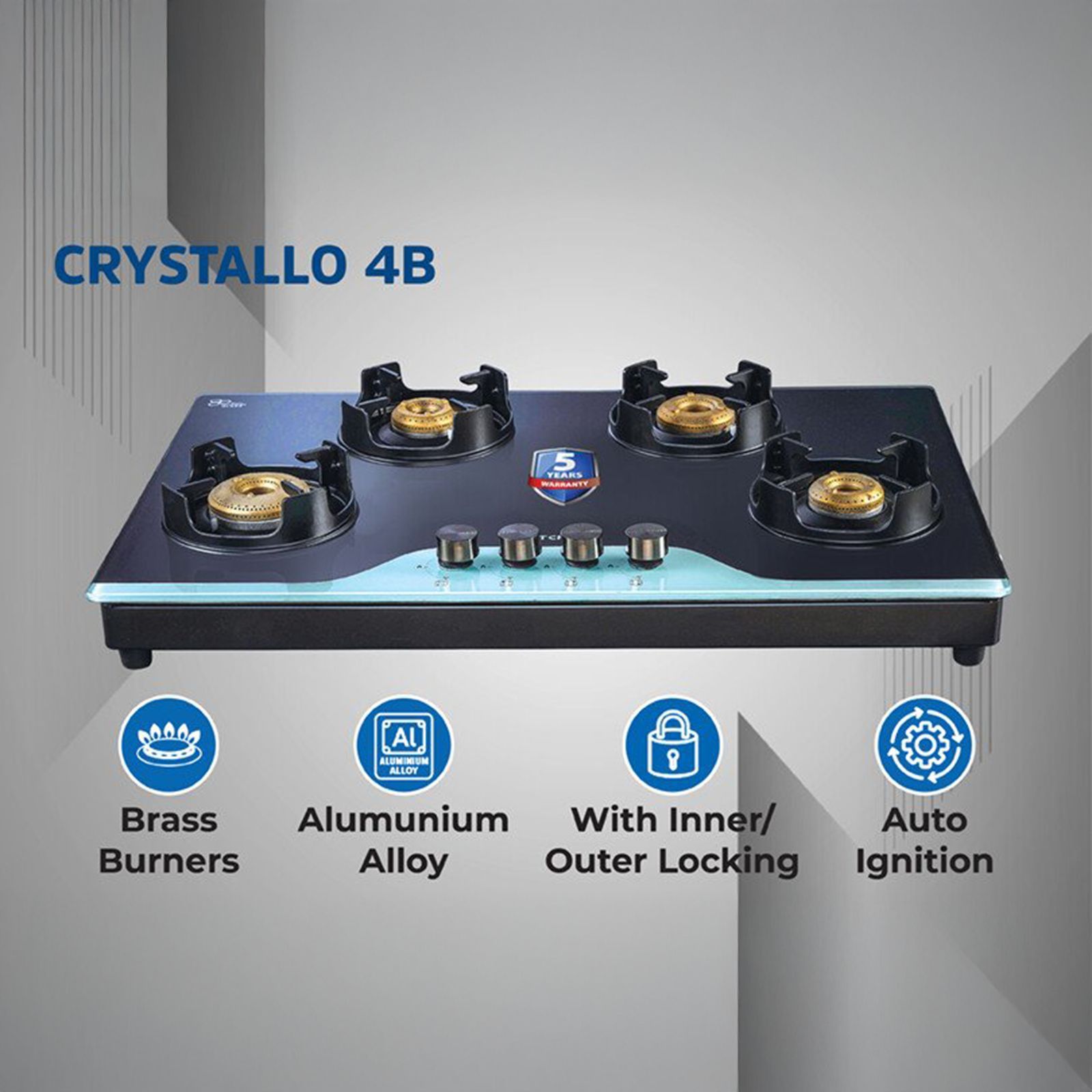 Kutchina CRYSTALLO 4B Toughened Glass Top 4 Burner Automatic Gas Stove (Inner & Outer Locking, Black) Kutchina CRYSTALLO 4B Toughened Glass Top 4 Burner Automatic Gas Stove (Inner & Outer Locking, Black)_2