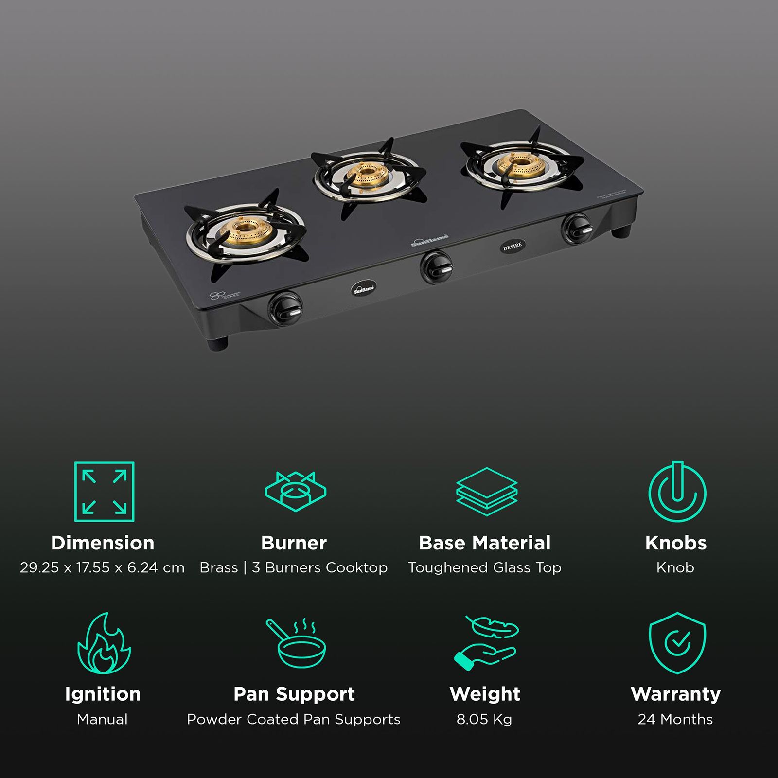 Sunflame Desire Toughened Glass Top 3 Burner Manual Gas Stove (Powder Coated Pan Supports, Black)_3