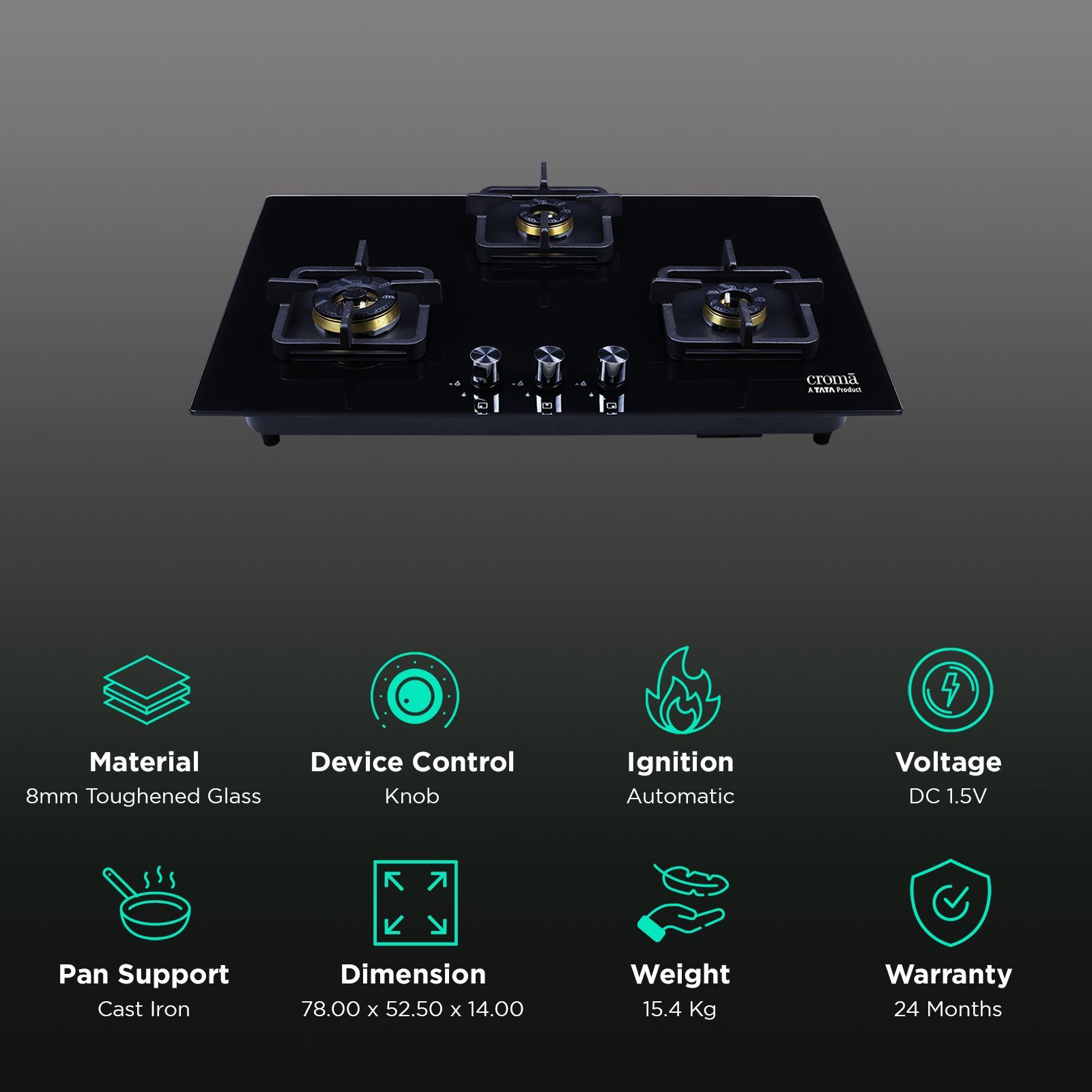 Croma Toughened Glass Top 3 Burner Automatic Hob (Cast Iron Pan Supports, Black)_3