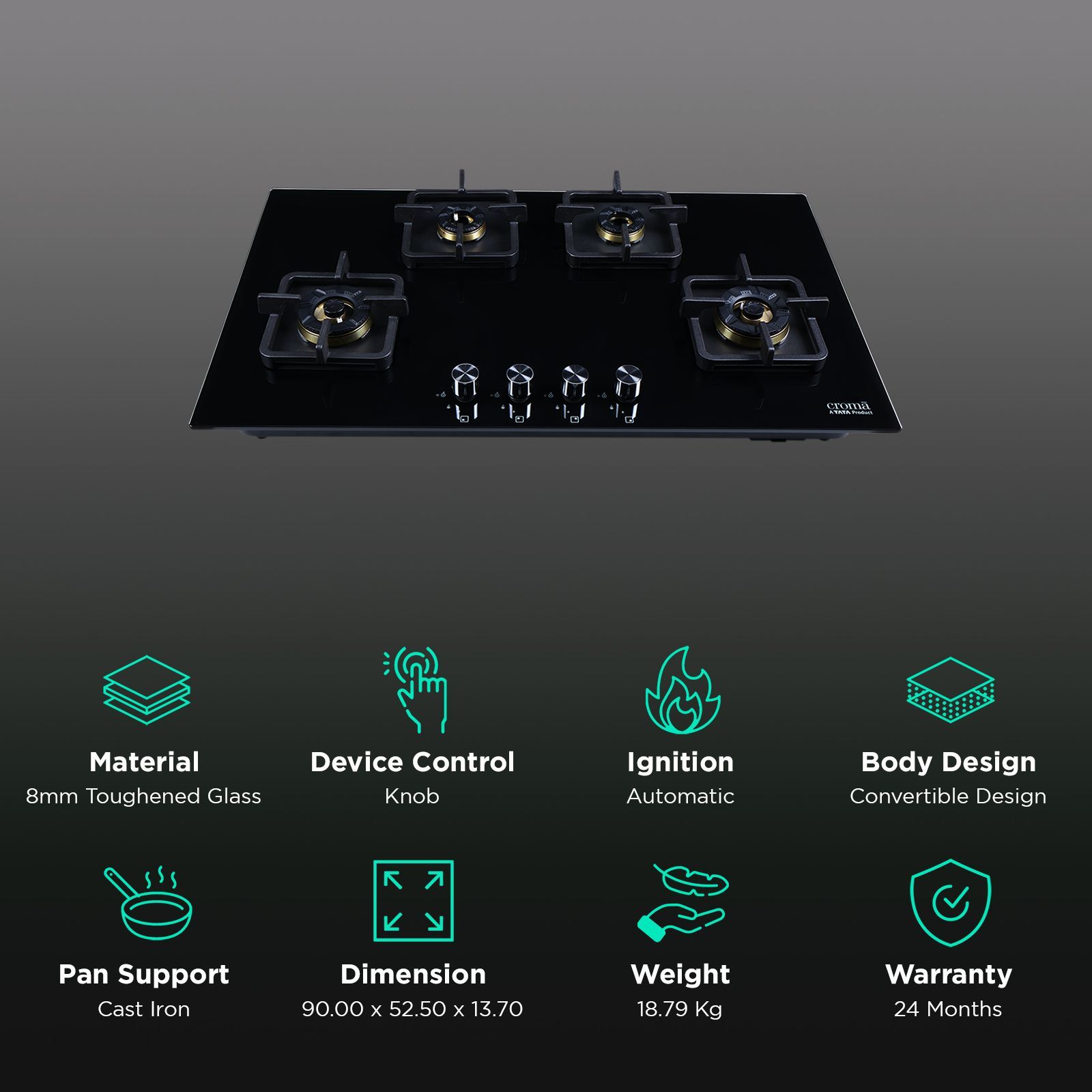 Croma AG1510 Toughened Glass Top 4 Burner Automatic Hob (Black Enamel Coated Drip Tray, Black)_3