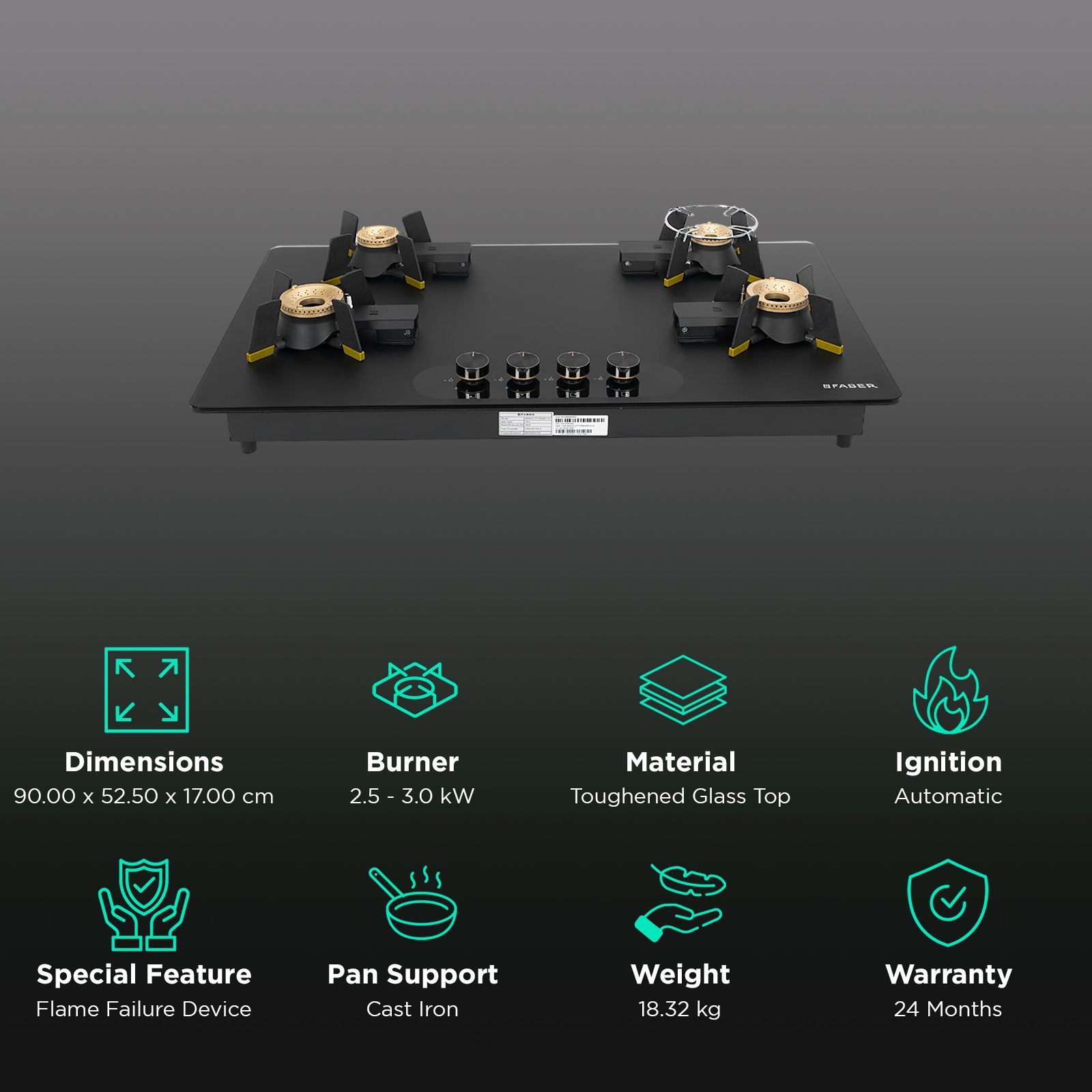 FABER Magiclift HT904 BR CI AI Toughened Glass Top 4 Burner Automatic Hob (Lift and Lock Feature, Black) FABER Magiclift HT904 BR CI AI Toughened Glass Top 4 Burner Automatic Hob (Lift and Lock Feature, Black)_3