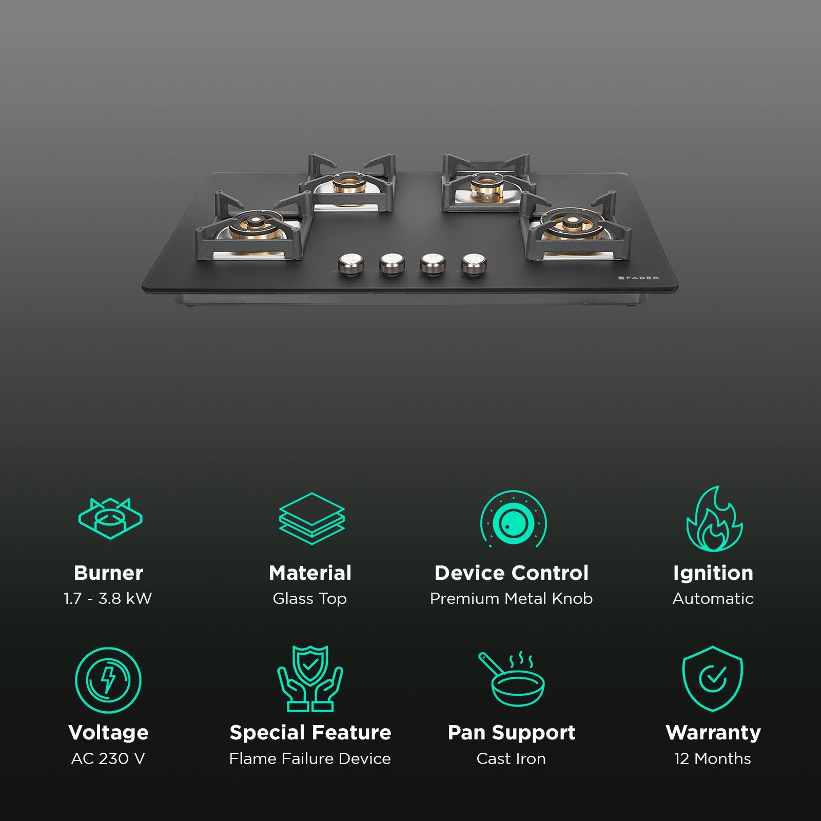 FABER BELLA HT 904 BR AI FFD Glass Top 4 Burner Automatic Hob (Flame Failure Device, Black)_3