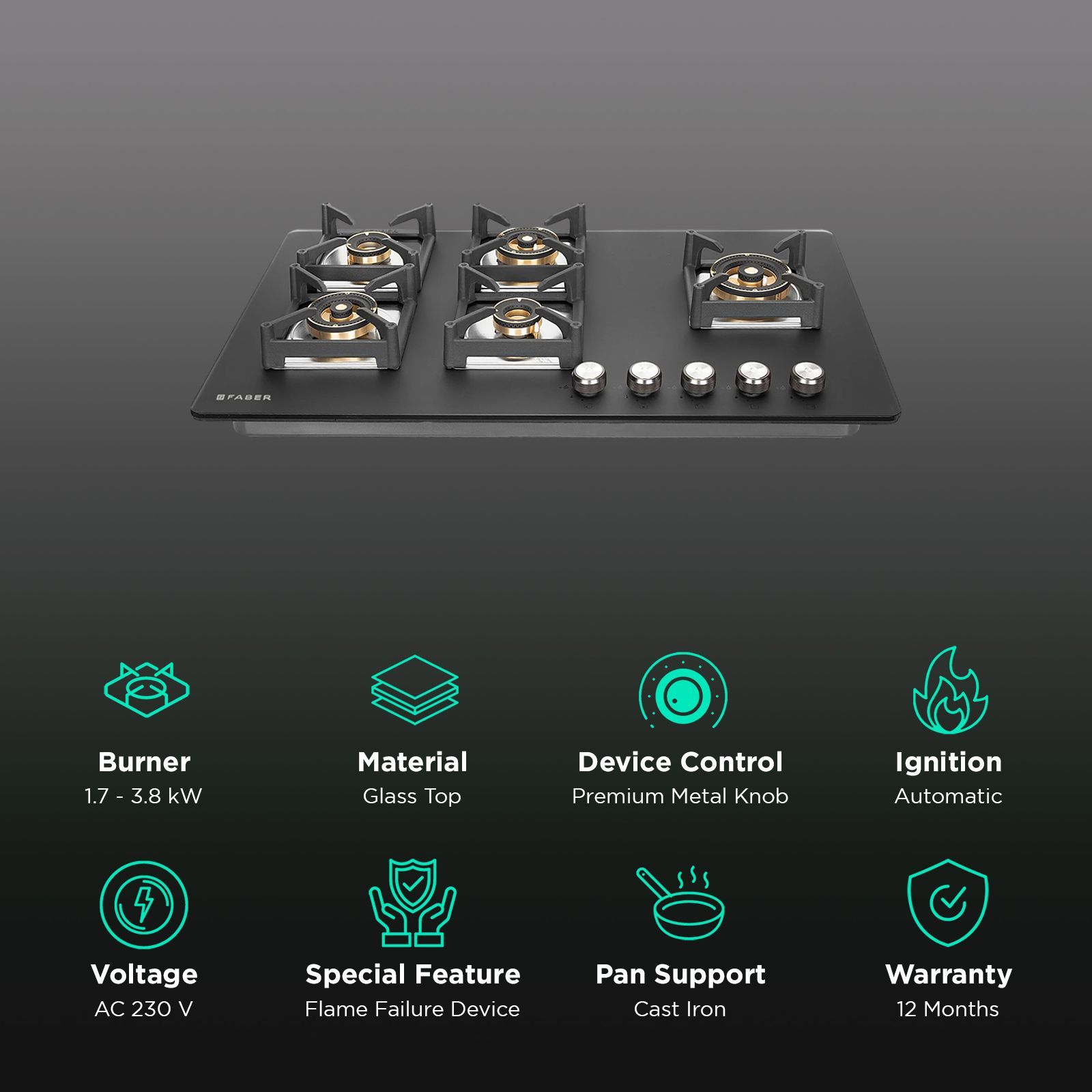 FABER BELLA HT 905 BR AI FFD Glass Top 5 Burner Automatic Hob (Flame Failure Device, Black)_3