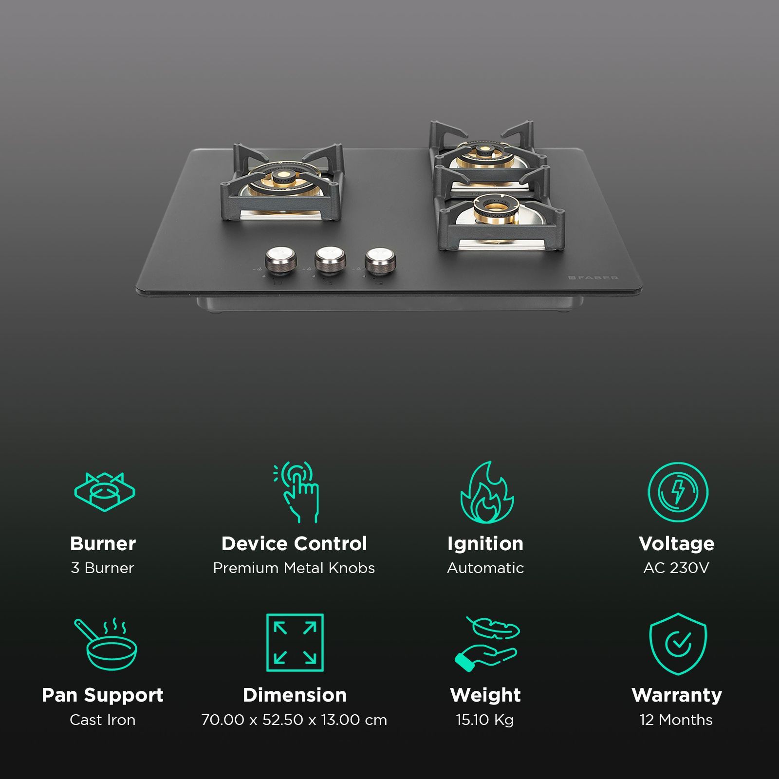 FABER BELLA HT 703 BR AI Glass Top 3 Burner Automatic Hob (Full Brass Burners, Black)_3