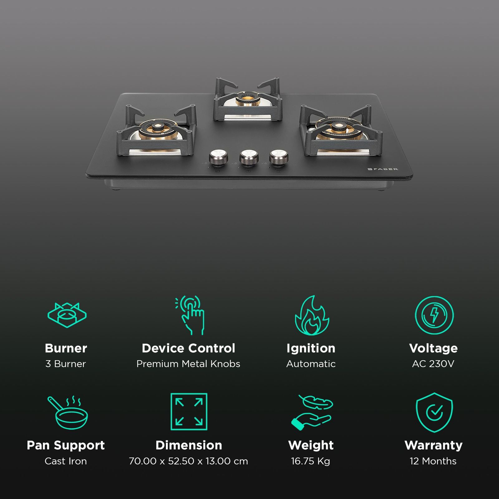 FABER BELLA HT 753 BR AI Glass Top 3 Burner Automatic Hob (Spill Proof Design, Black)_3