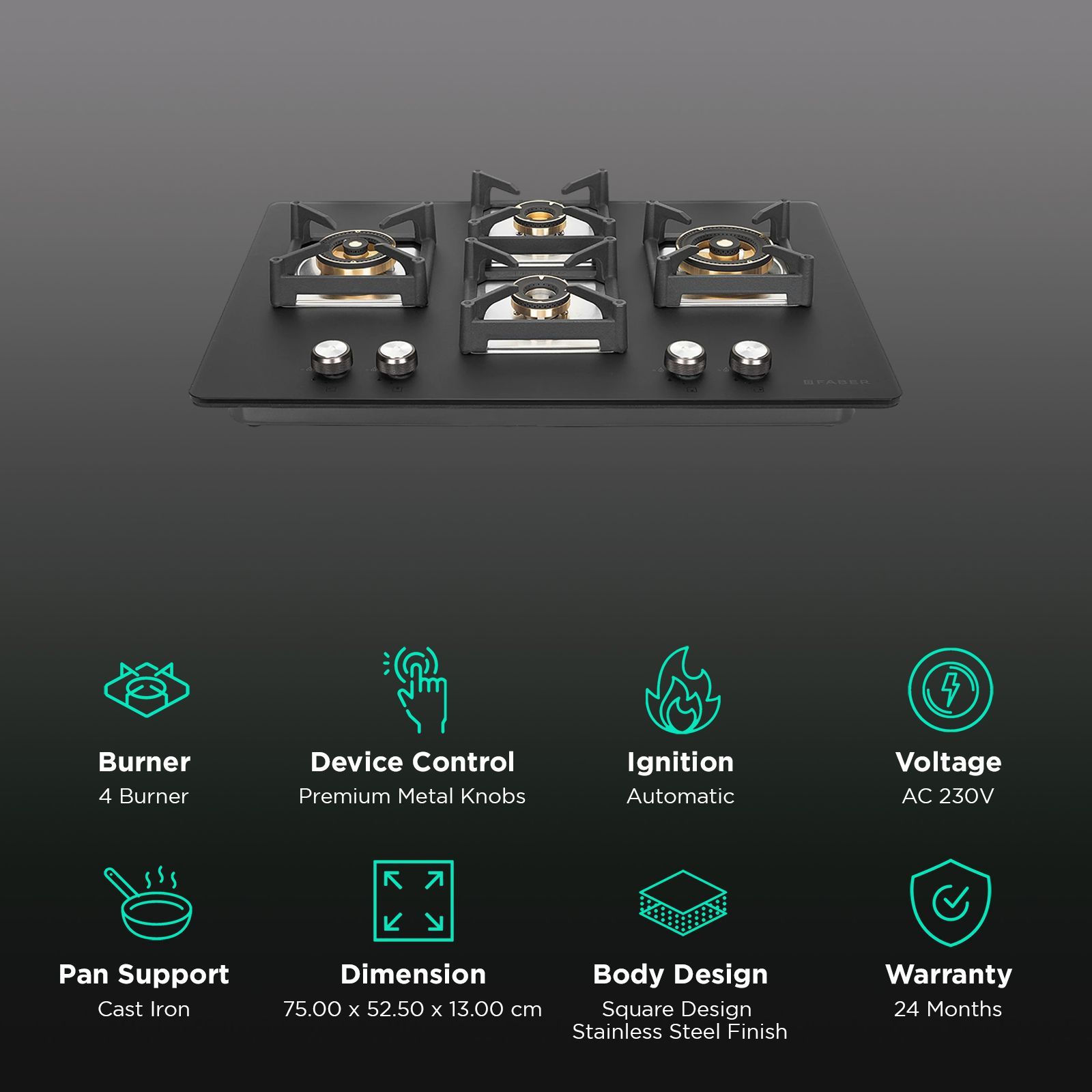 FABER BELLA HT 754 BR AI Glass Top 4 Burner Automatic Hob (Premium Metal Knobs, Black)_3