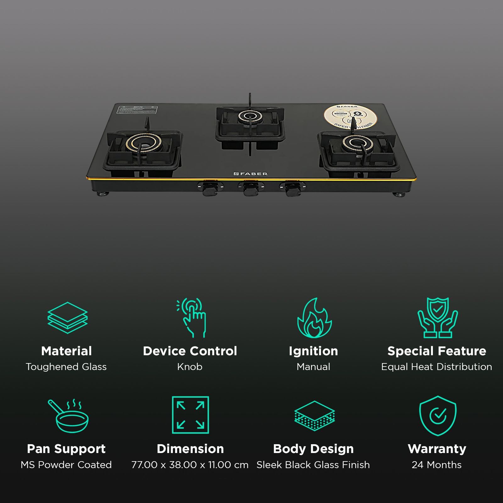 FABER PRINCE PLUS 3BB BK Toughened Glass Top 3 Burner Manual Hob (Full Brass Burners, Black) FABER PRINCE PLUS 3BB BK Toughened Glass Top 3 Burner Manual Hob (Full Brass Burners, Black)_3