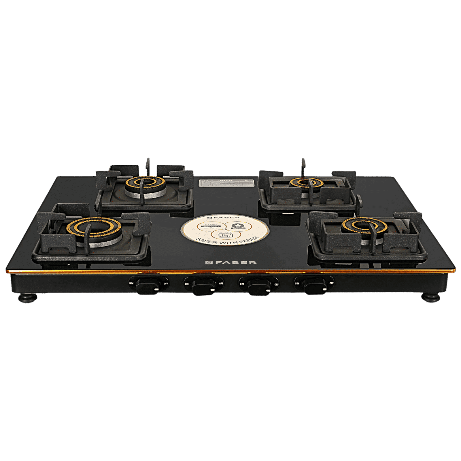 FABER PRINCE PLUS 4BB BK Glass Top 4 Burner Manual Hob (Diamond Coated Pan Support, Black) FABER PRINCE PLUS 4BB BK Glass Top 4 Burner Manual Hob (Diamond Coated Pan Support, Black)_1