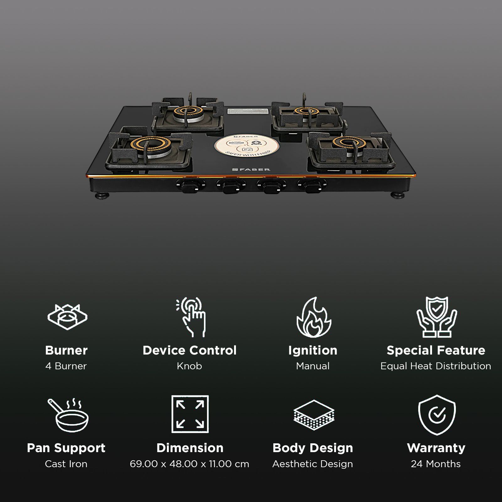 FABER PRINCE PLUS 4BB BK Glass Top 4 Burner Manual Hob (Diamond Coated Pan Support, Black) FABER PRINCE PLUS 4BB BK Glass Top 4 Burner Manual Hob (Diamond Coated Pan Support, Black)_3