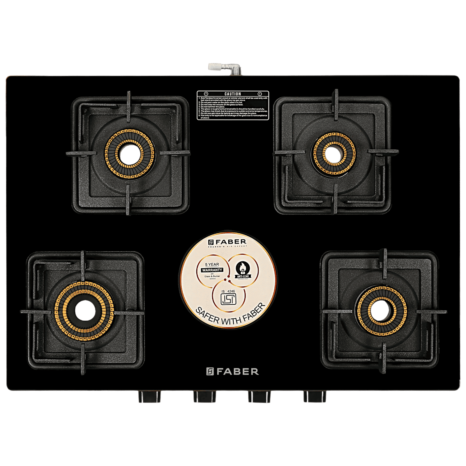 FABER PRINCE PLUS 4BB BK Glass Top 4 Burner Manual Hob (Diamond Coated Pan Support, Black) FABER PRINCE PLUS 4BB BK Glass Top 4 Burner Manual Hob (Diamond Coated Pan Support, Black)_6