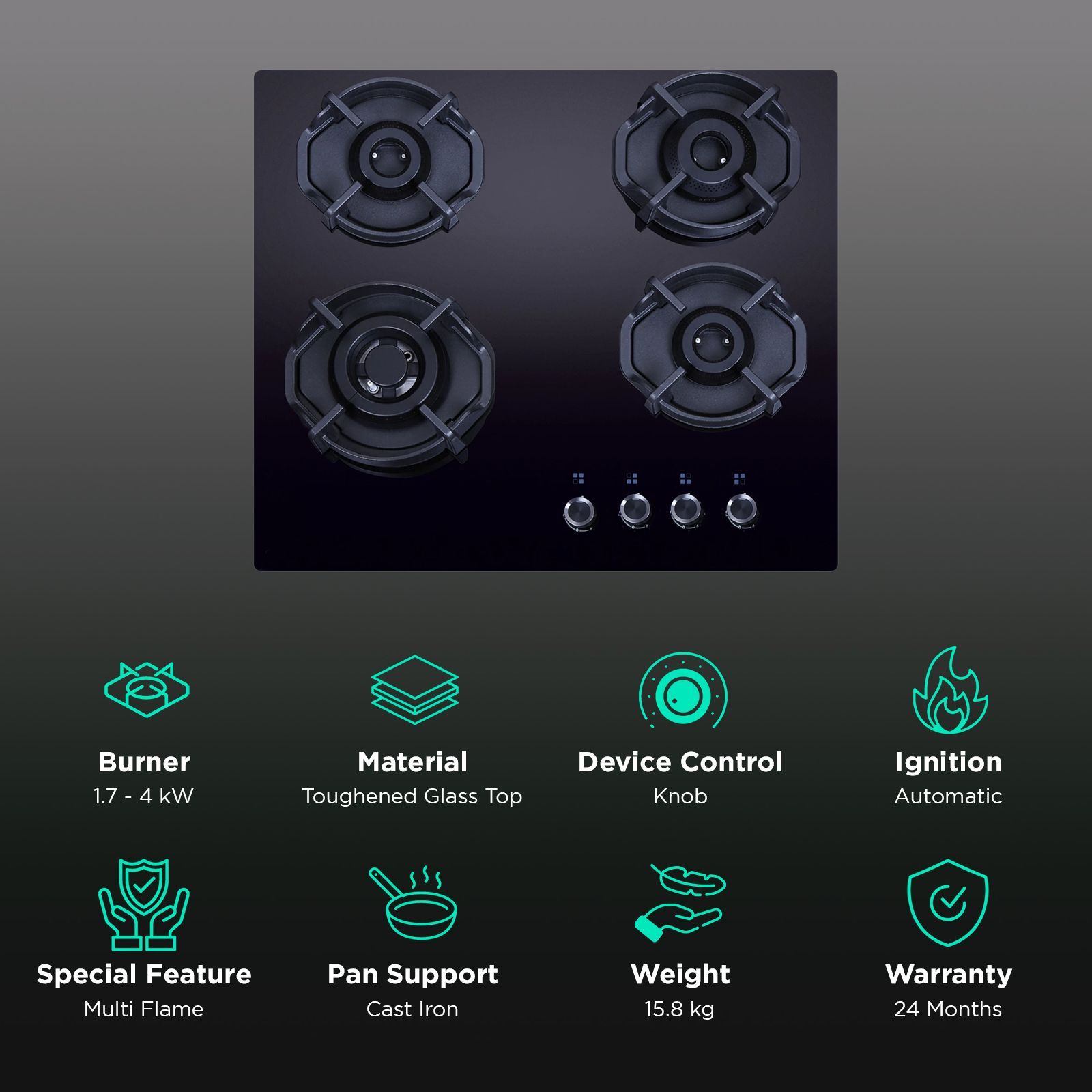 elica FLEXI HEXA 460 LOTUS IND HD BRASS Toughened Glass Top 4 Burner Automatic Hob (Auto Electric Ignition, Black)_3