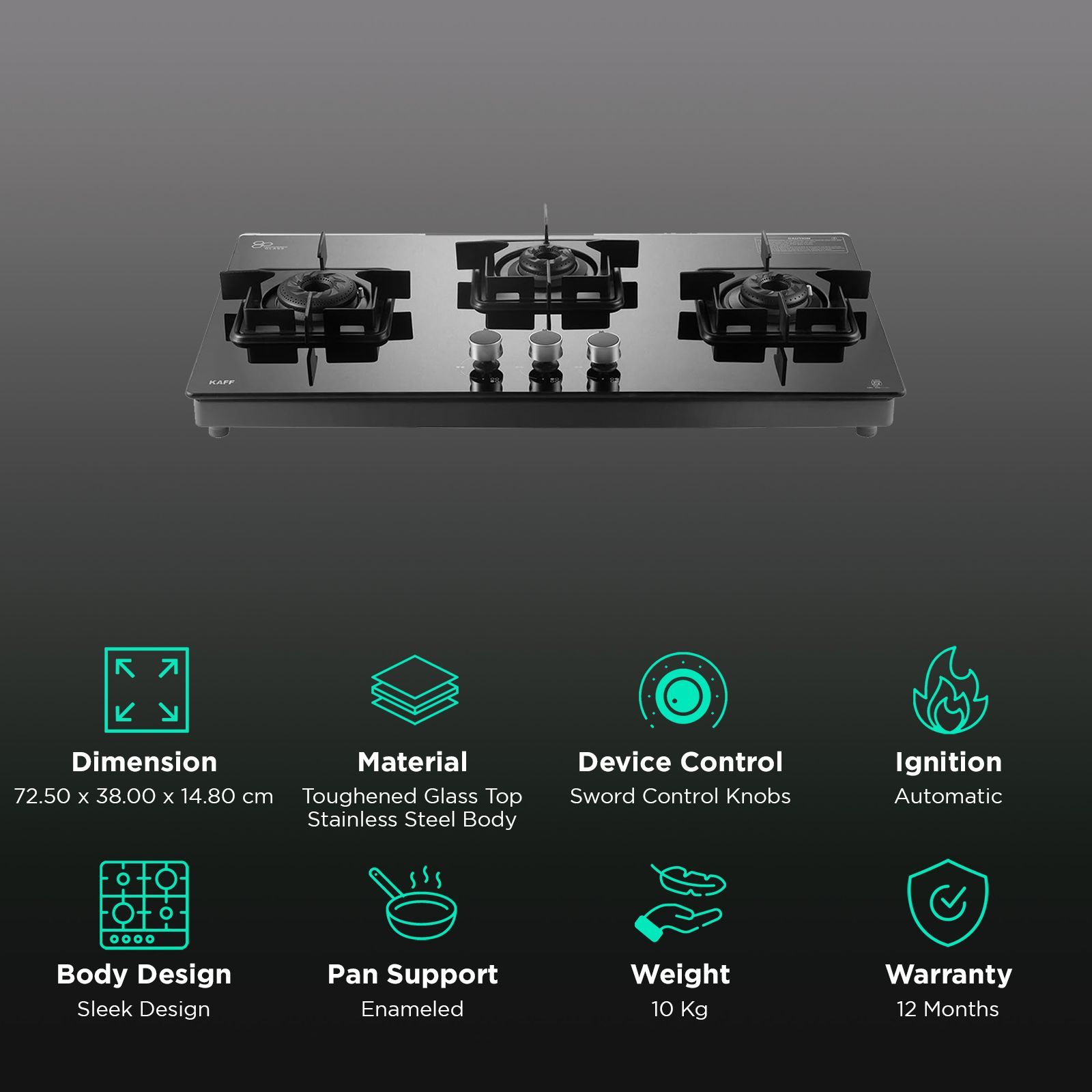 KAFF Toughened Glass Top 3 Burner Automatic Cooktop (Integrated Flame Protector, Black)_2