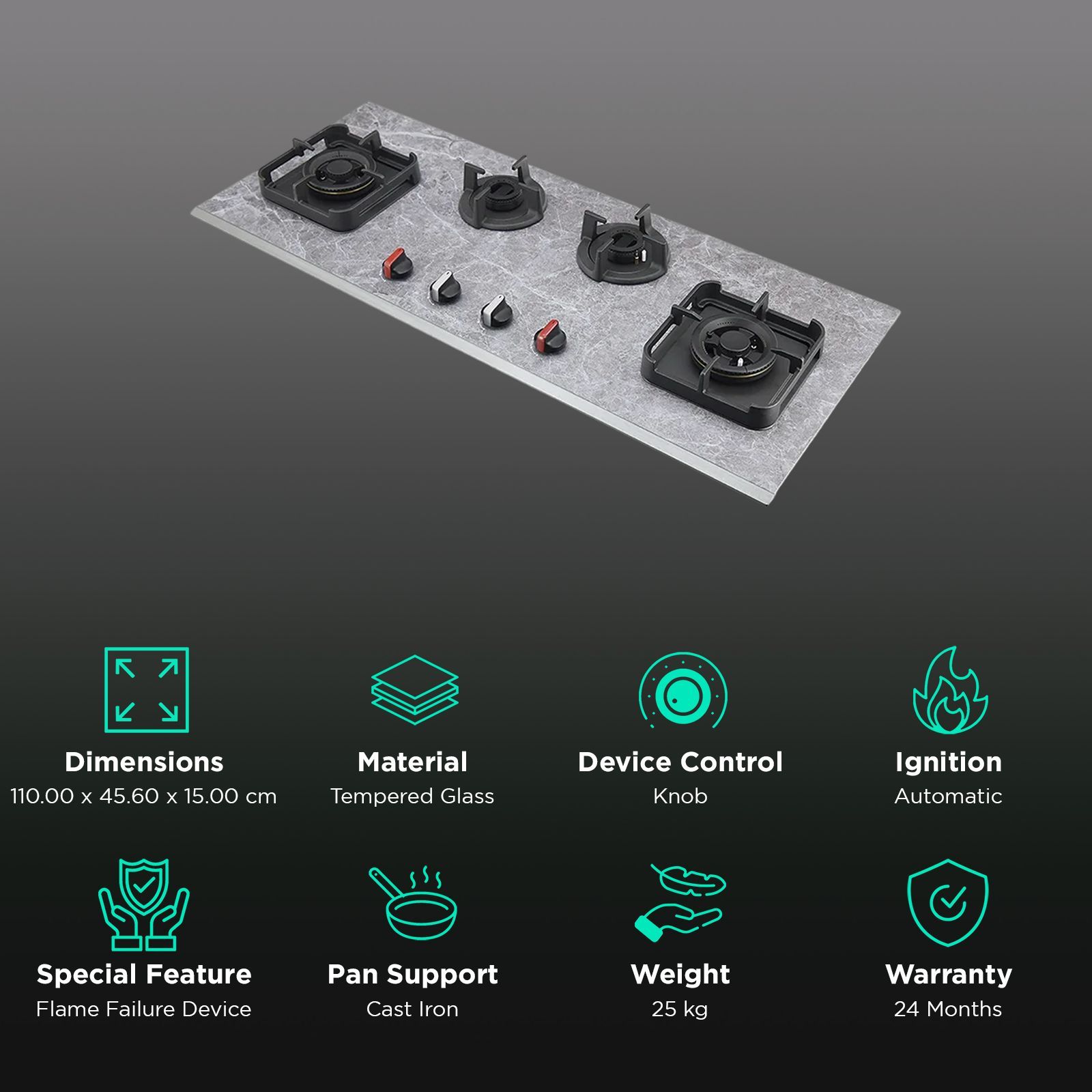 KAFF MARMOR 1104 Glass Top 4 Burner Automatic Hob (Full Flame Failure Device, Rock Glass Black)_3