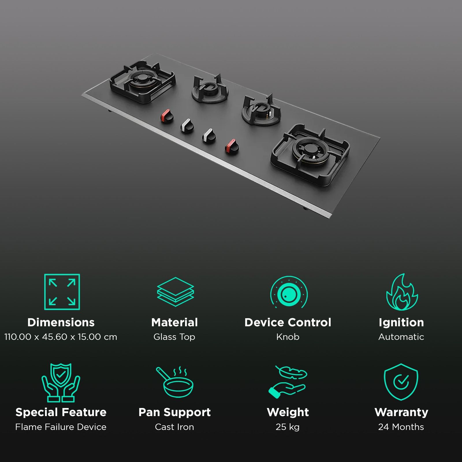 KAFF Crystal Noir 1104 Glass Top 4 Burner Automatic Hob (Full Flame Failure Device, Black)_3