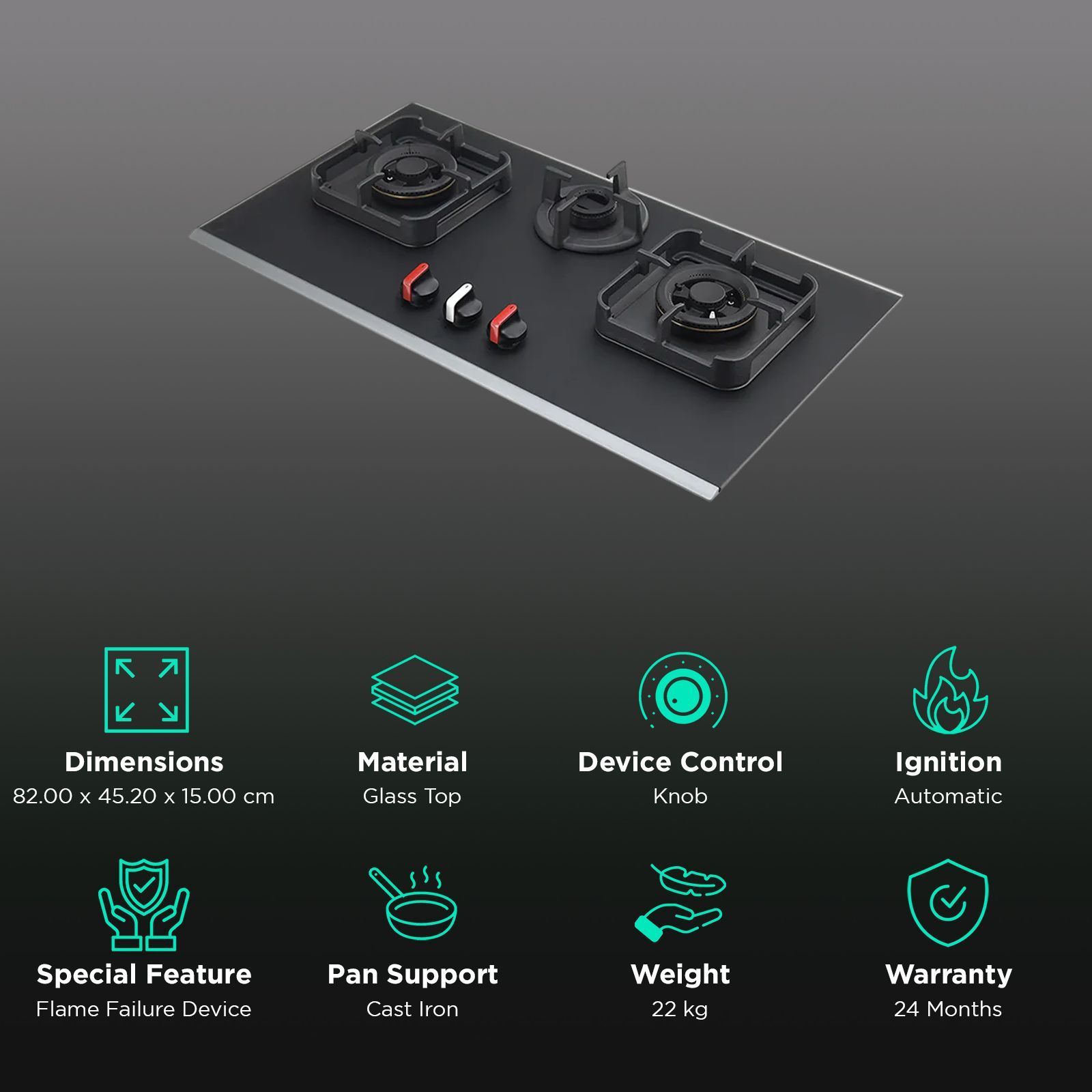 KAFF Crystal Noir 823 Glass Top 3 Burner Automatic Hob (Full Flame Failure Device, Black)_3