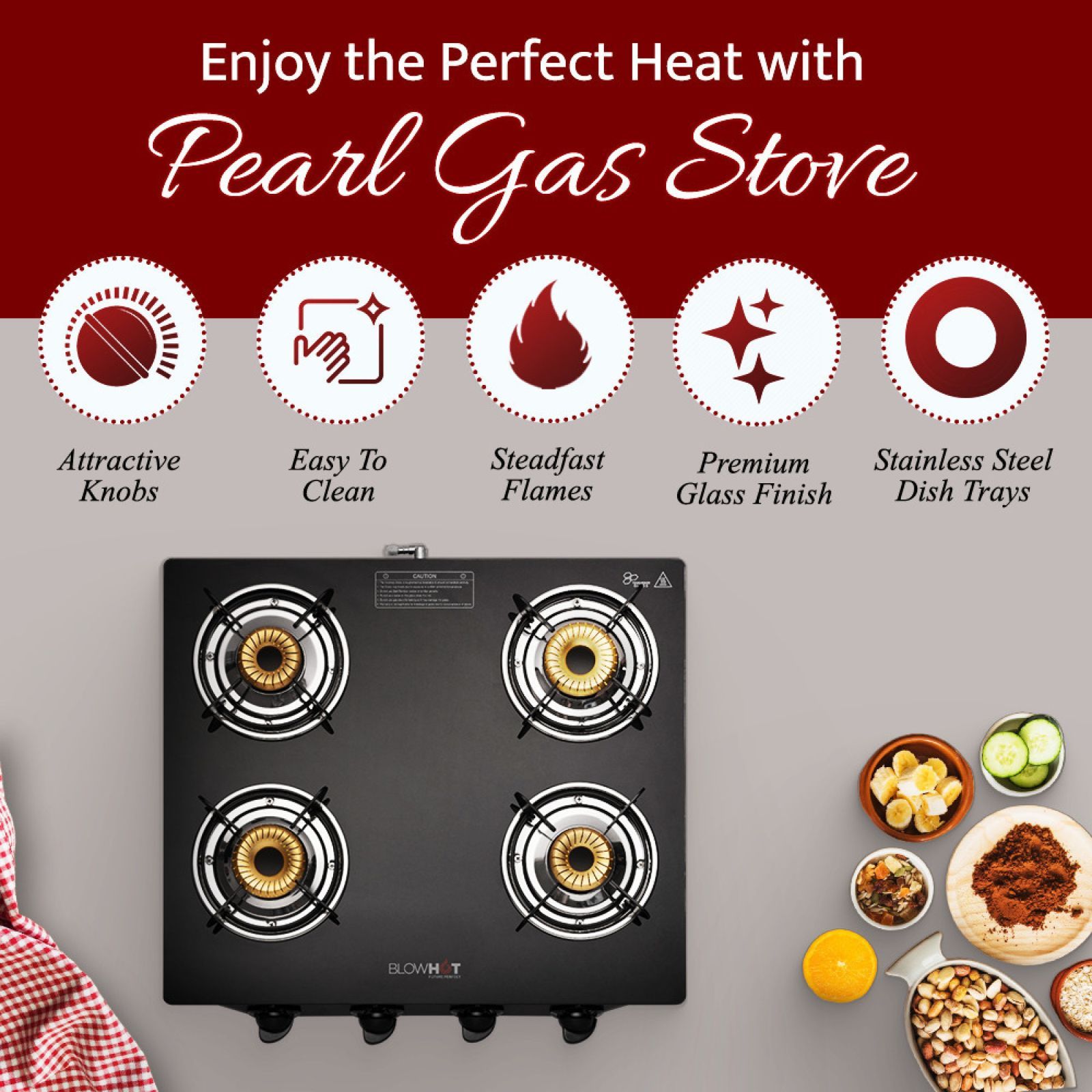 BLOWHOT Pearl Toughened Glass Top 4 Burner Manual Gas Stove (ISI Certified, Black)_5