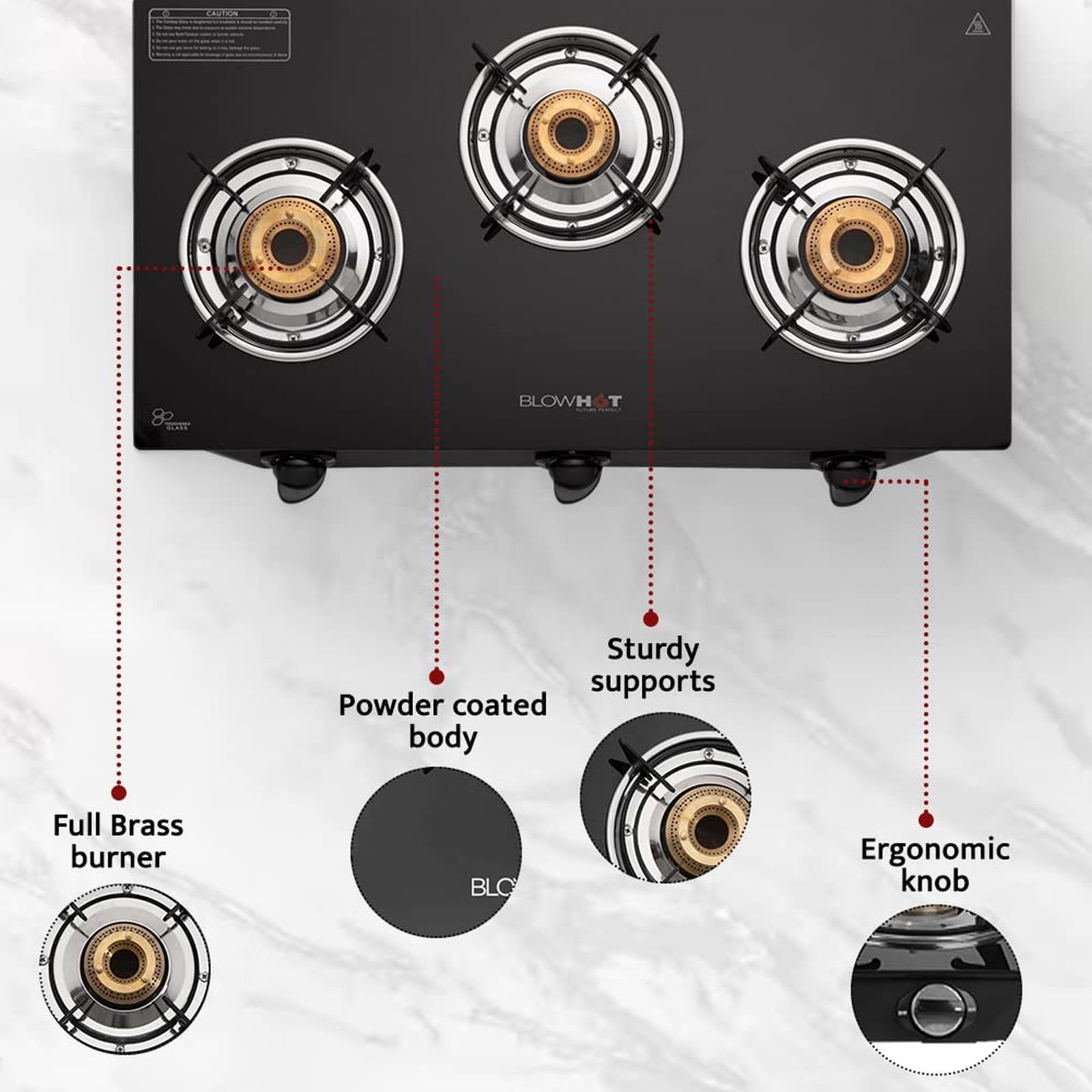 BLOWHOT Ruby Toughened Glass Top 3 Burner Manual Gas Stove (ISI Certified, Black)_5