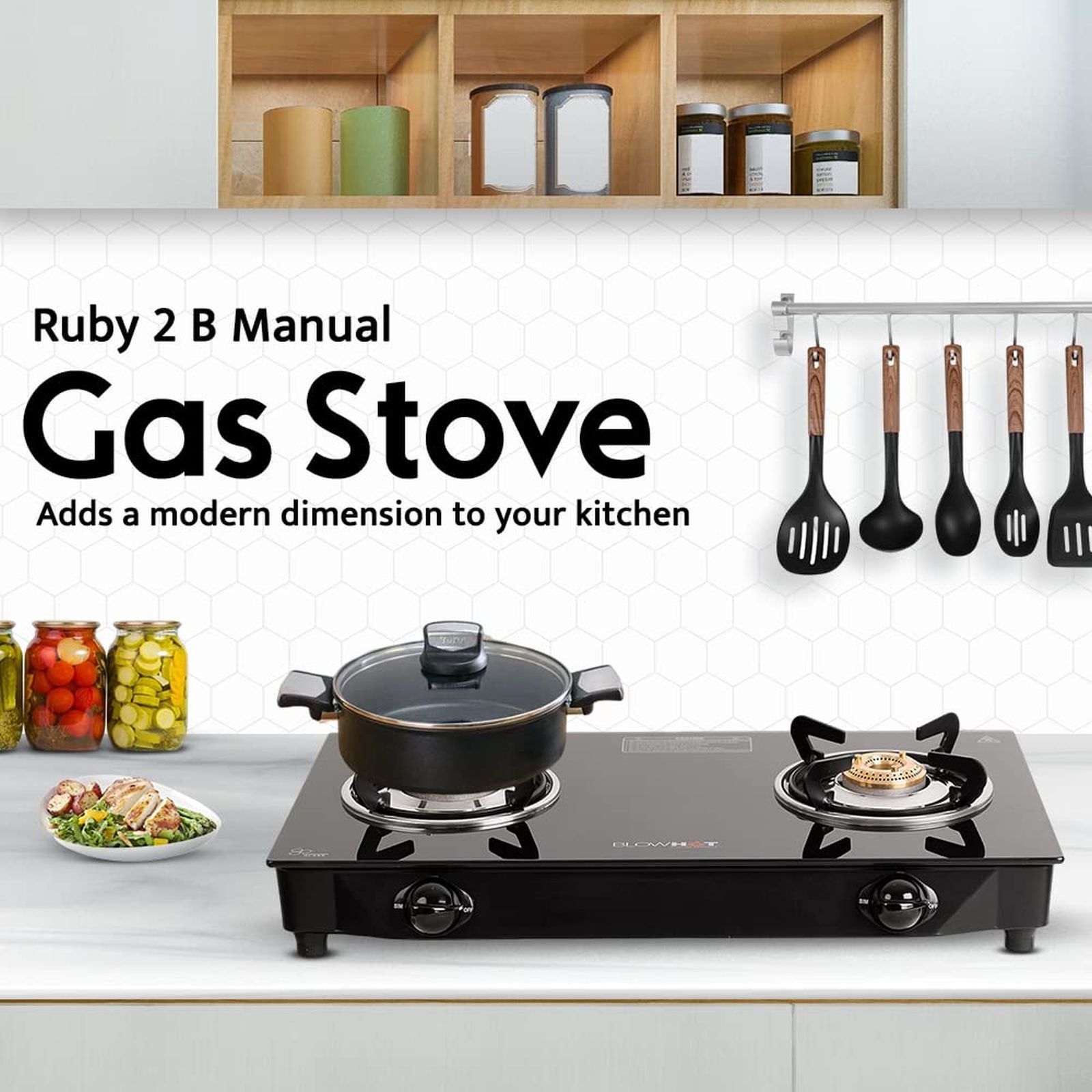 BLOWHOT Ruby Toughened Glass Top 2 Burner Manual Gas Stove (ISI Certified, Black)_4