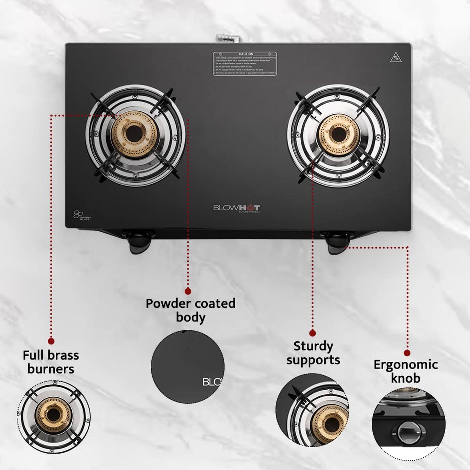 BLOWHOT Ruby Toughened Glass Top 2 Burner Manual Gas Stove (ISI Certified, Black)_3