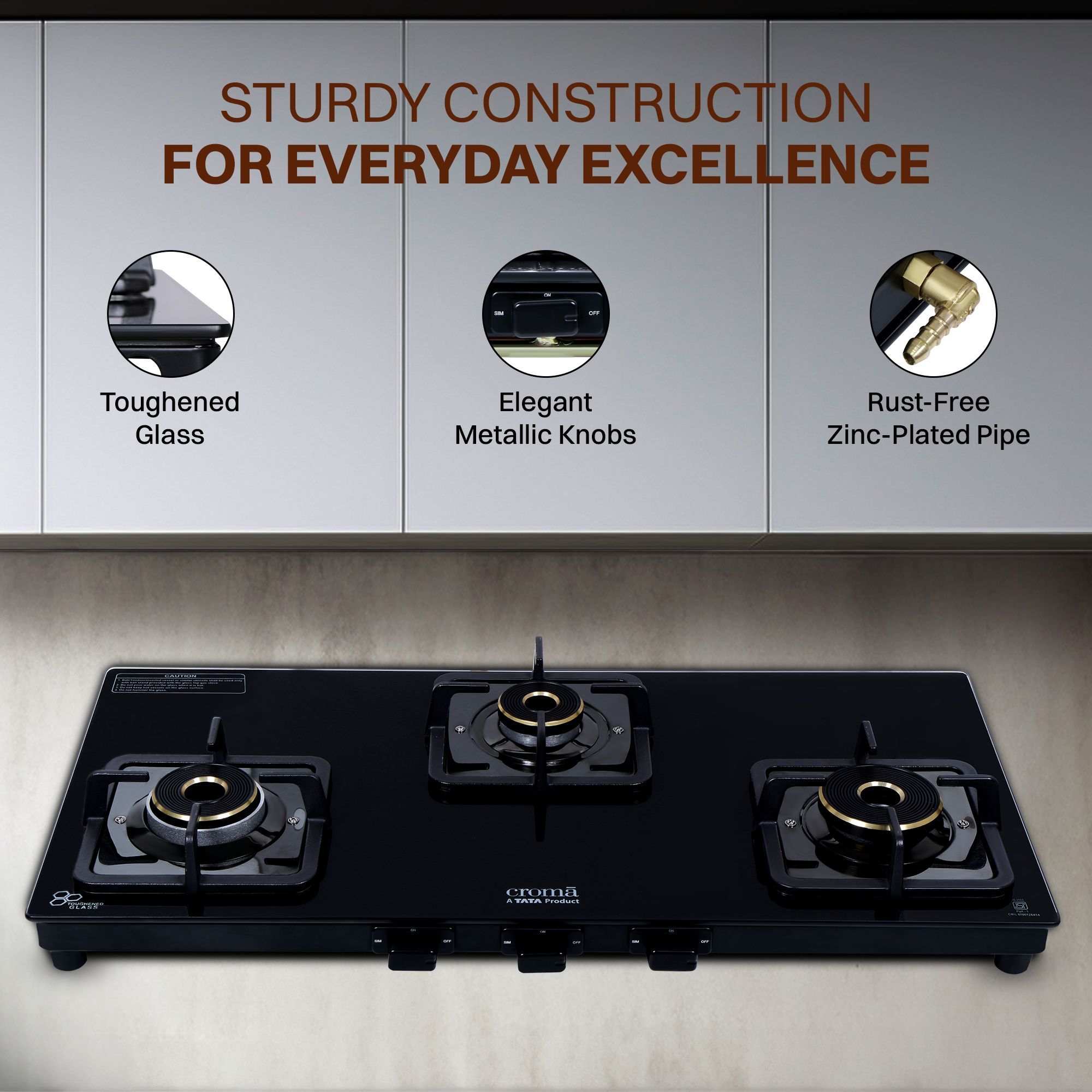 Croma 3 Burner Manual Gas Stove (Premium 3 Burner Glass, Black)_11