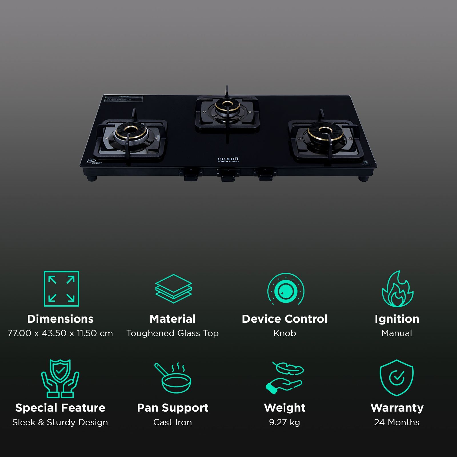 Croma 3 Burner Manual Gas Stove (Premium 3 Burner Glass, Black)_3