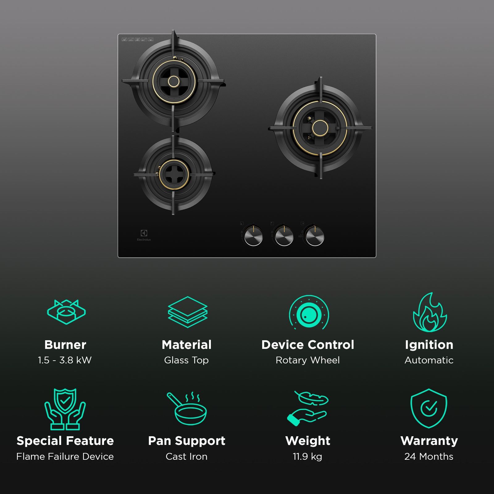 Electrolux UltimateTaste 300 Glass Top 3 Burner Automatic Hob (One Hand Ignition, Black)_3