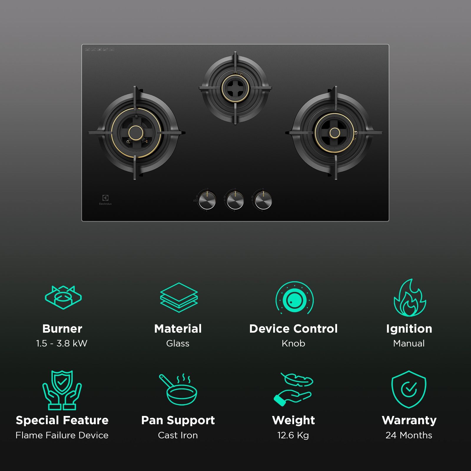 Electrolux UltimateTaste 300 Glass Top 3 Burner Manual Hob (One Hand Ignition, Black)_3