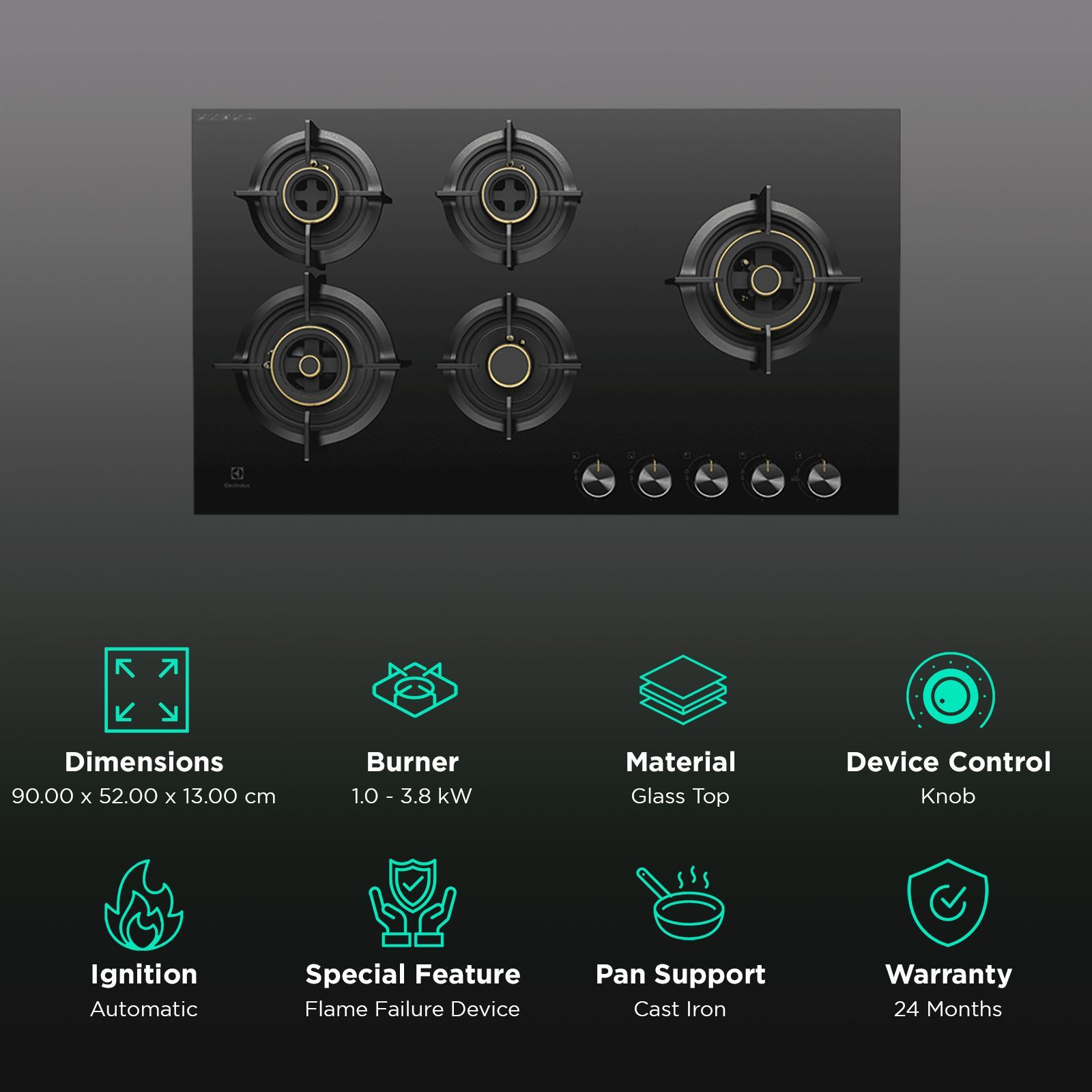 Electrolux UltimateTaste 300 Glass Top 5 Burner Automatic Hob (Cast Iron Pan Supports, Black)_3