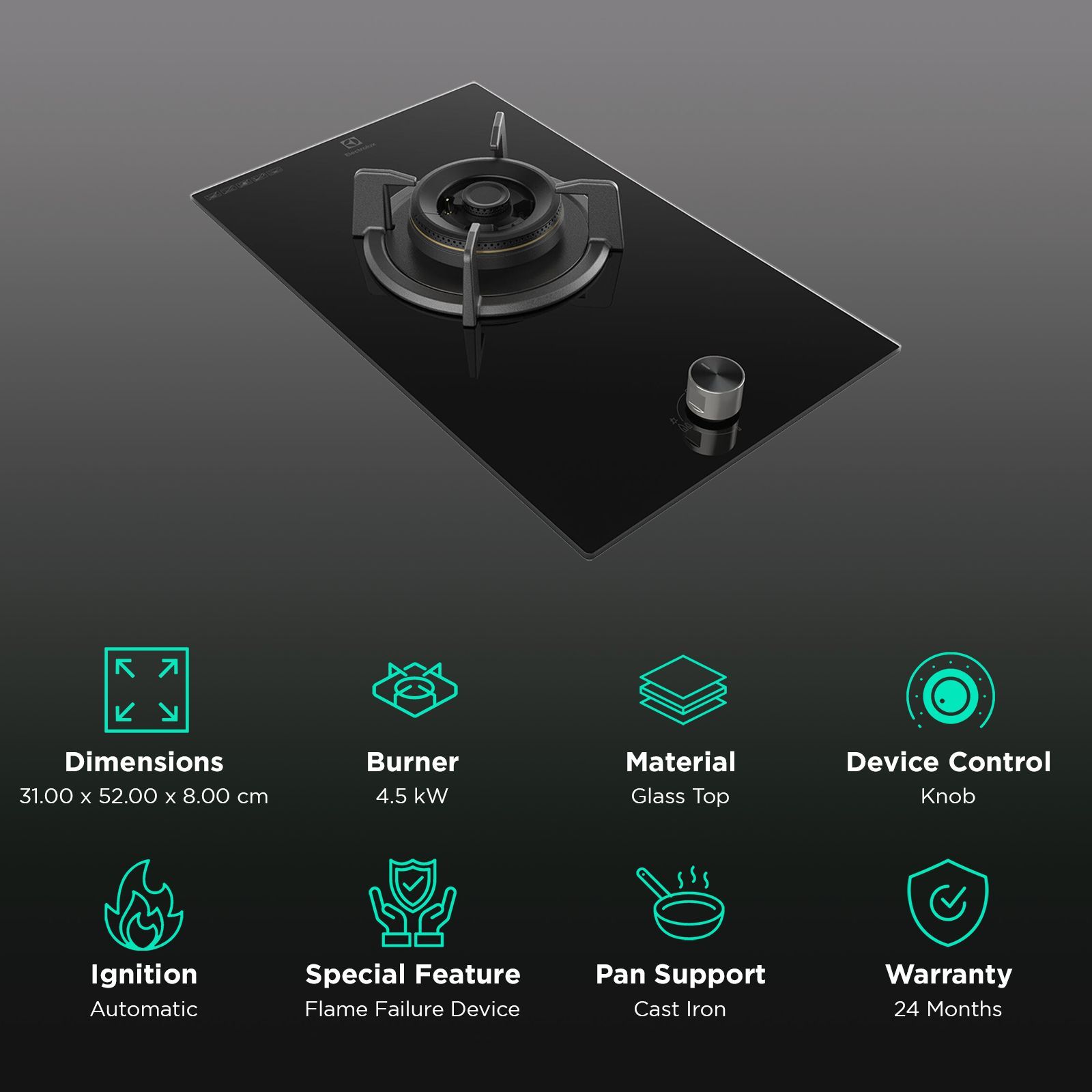 Electrolux UltimateTaste 300 Glass Top 1 Burner Automatic Hob (Cast Iron Pan Supports, Black Glass)_3