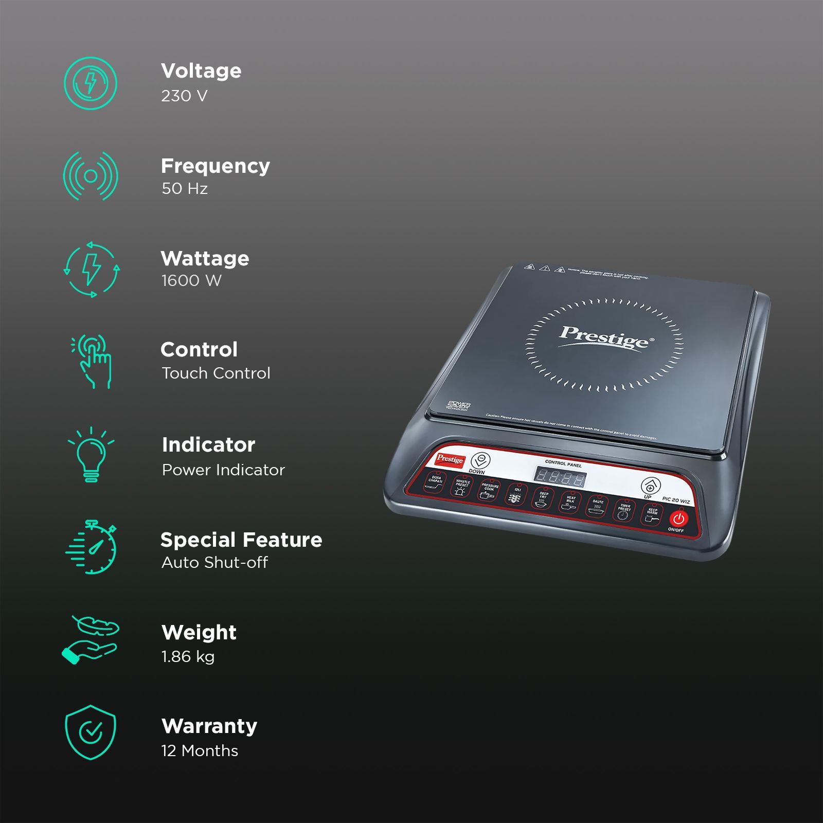 Prestige PIC 20 WIZ 1600W Induction Cooktop with 7 Preset Menus_3