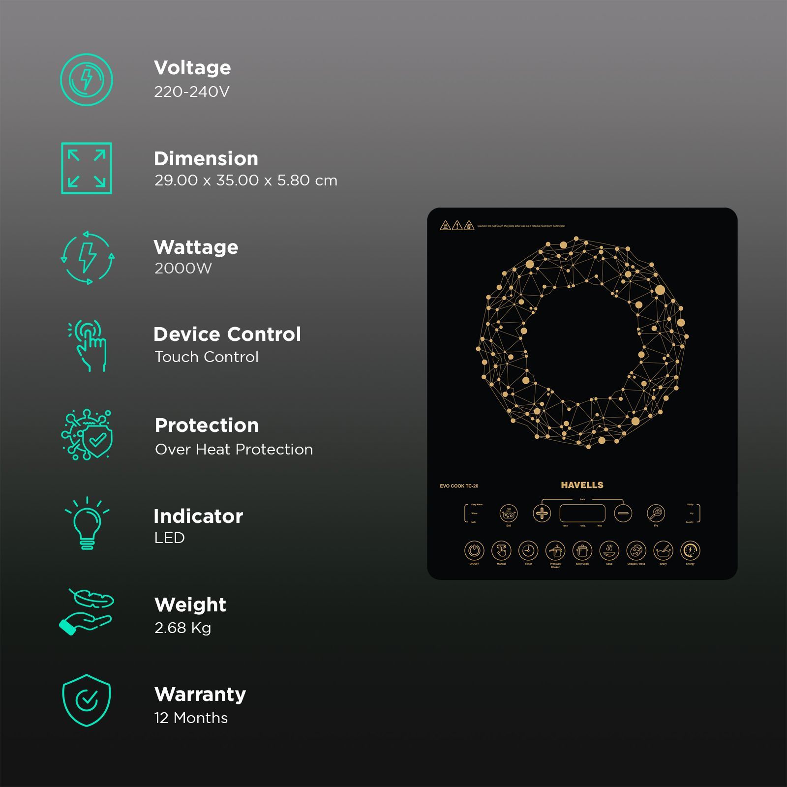 HAVELLS Evo Cook TC20 2000W Induction Cooktop with 8 Preset Modes HAVELLS Evo Cook TC20 2000W Induction Cooktop with 8 Preset Modes_3